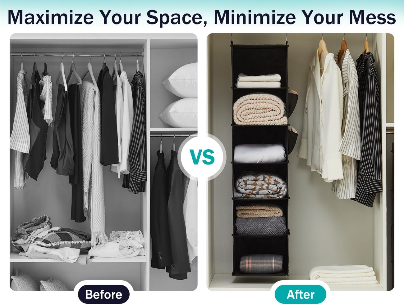 YOUDENOVA Hanging Closet Organizer, 6-Shelf Closet Hanging Storage Shelves, 2 Packs, Black