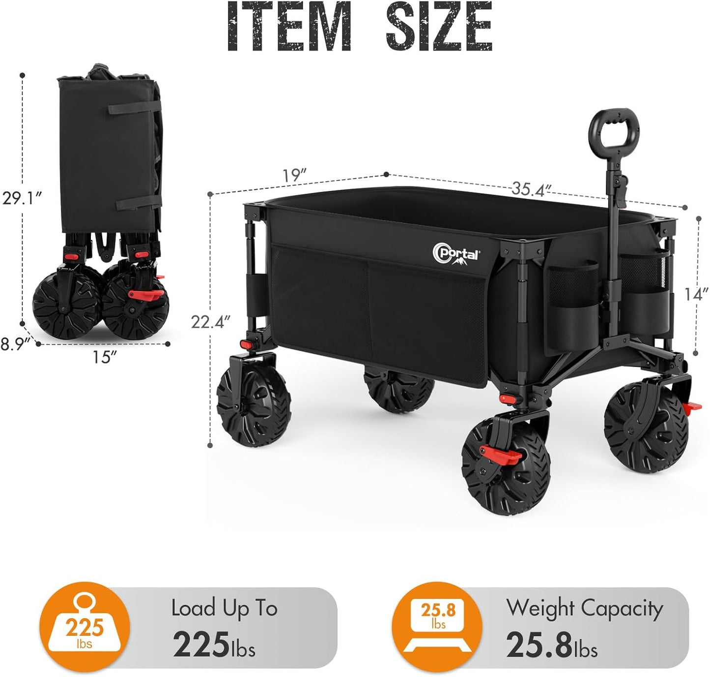 PORTAL Collapsible Wagon with Brakes, Heavy Duty Utility Cart with All-Terrain Wheels, Portable Folding Wagons for Camping, Beach, Garden, Shopping, and Groceries