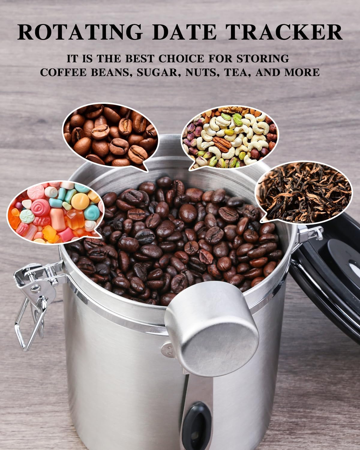 Coffee Canister Airtight Storage Container Stainless Steel Air Tight Coffee Jar with Scoop, Date Tracker CO2 Release Valve for Dry Food, Beans, Ground, Tea, Flour, Cereal and Sugar (1.8L-Silver-2pcs)