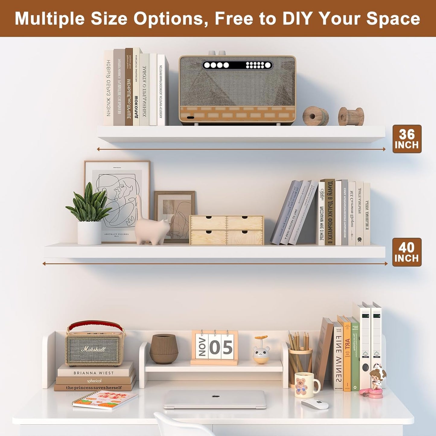 12 Inch Deep Floating Shelves for Wall 1 Pack White Floating Shelves Large Storage Space Wall Mount Shelf for Living Room Kitchen Bathroom 36" W x 12" D x 1.2" H White