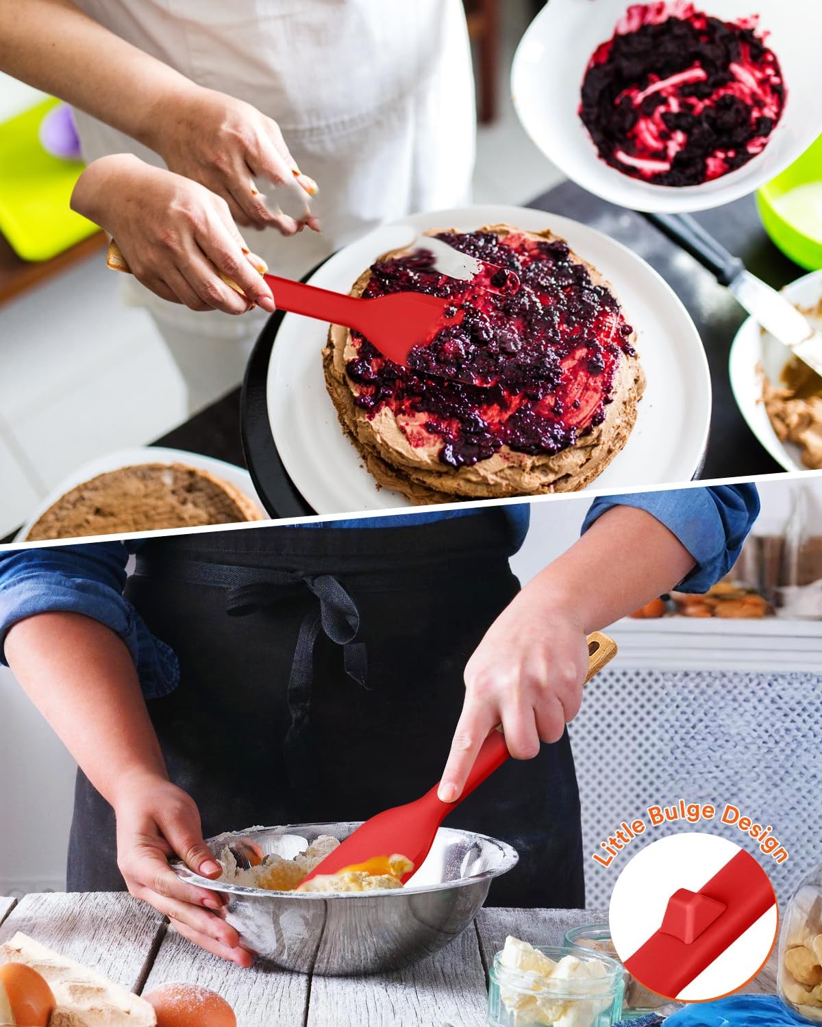 Cooking Spoon and Scraper for Nonstick Cookwares, Great for Cooking and Serving Durable BPA-Free Matte Silicone, Wood Handle Multifunction Spoon for Mixing, Scoop, and Scrape (RED)