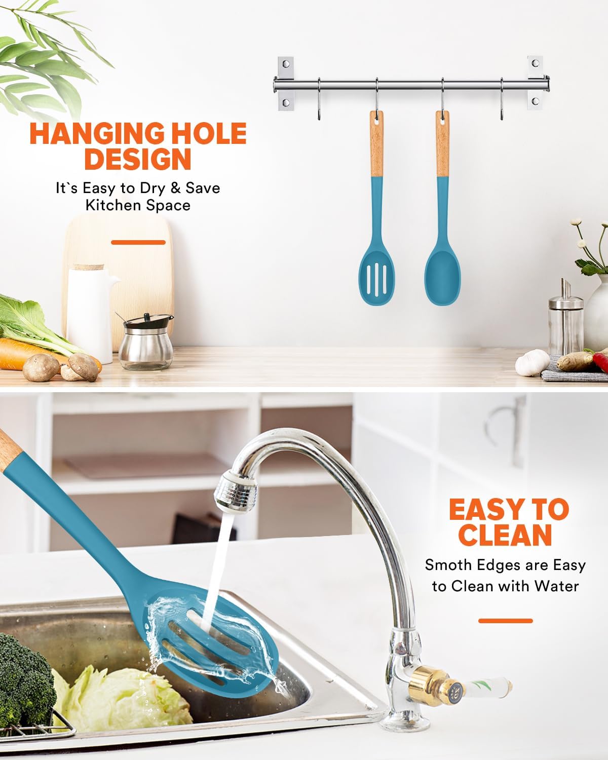 Silicone Cooking Spoons, Great for Scooping Sides and Serving Hearty Stews, BPA-Free Matte Silicone, Wooden Handle Serving Spoon for Nonstick Cooking Surfaces (Blue)