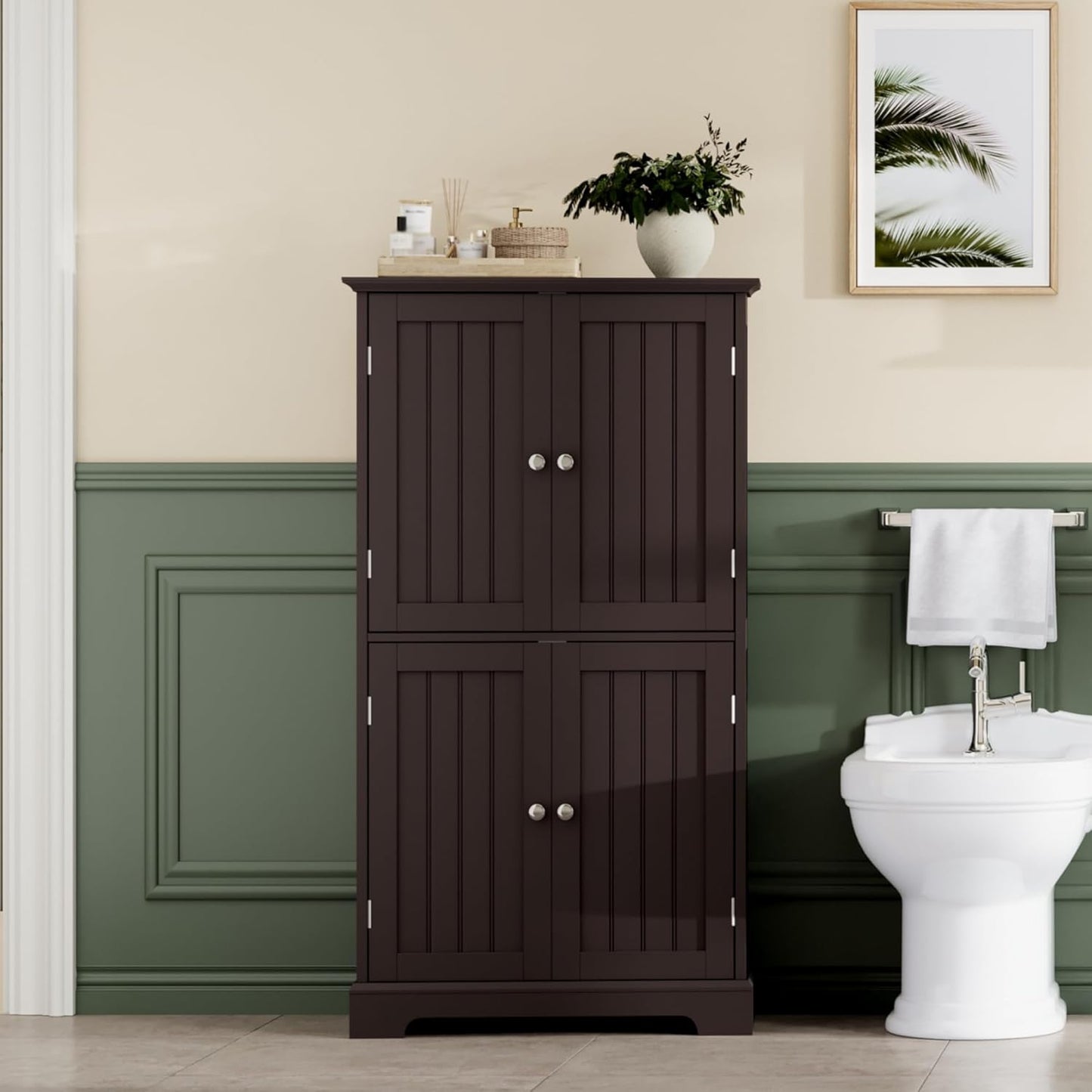 ChooChoo Bathroom Floor Cabinet, Modern Bathroom Storage Cabinet with 4 Doors and Adjustable Shelves, Freestanding Cupboard for Living Room, Espresso