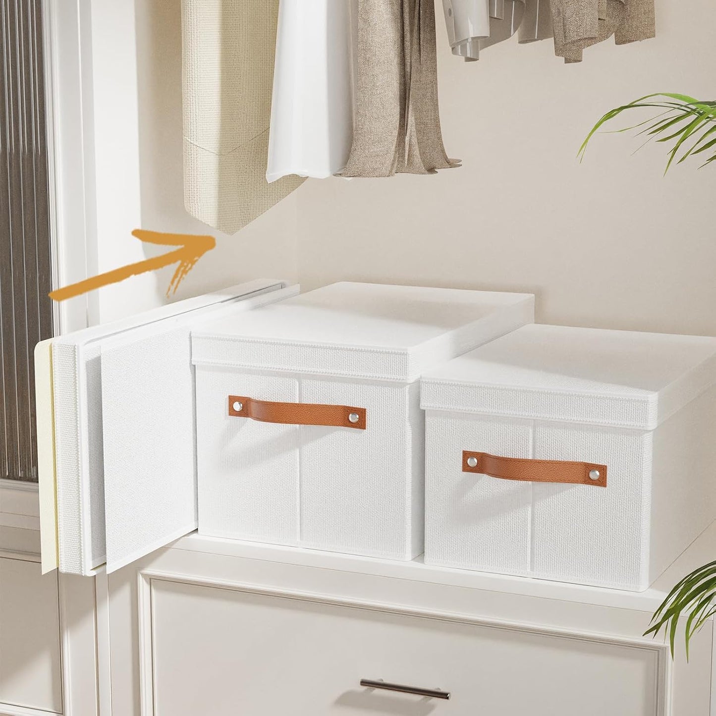 Fabric Storage Bins, Clothes Boxes for Shelves with Lids, 3 Pack Baskets for Organizing with Handles, Decorative Linen Closet Organizers, White, 16.5 x 11.8 x 10.2 Inch