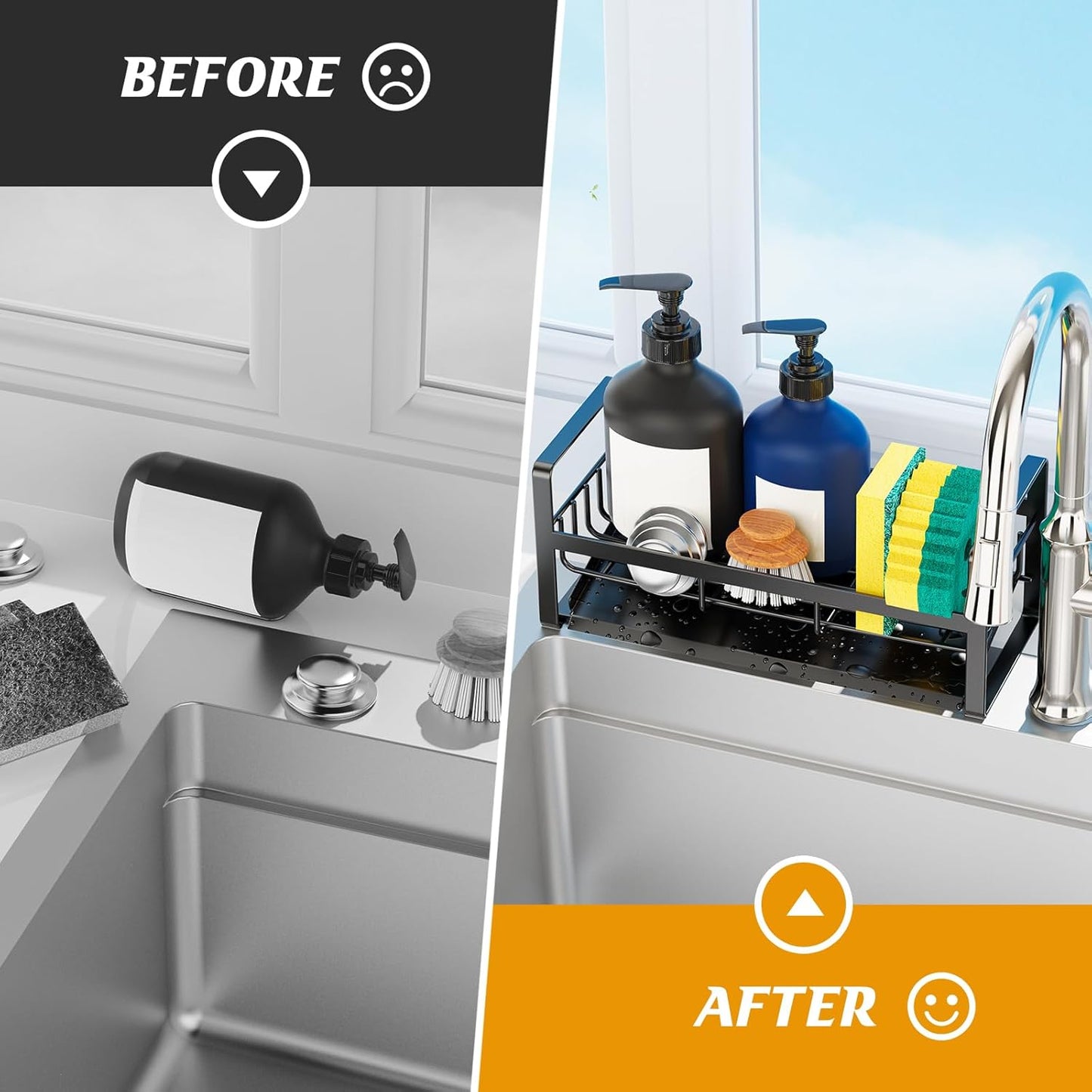 Sponge Holder for Kitchen Sink,Stainless Steel Kitchen Sink Organizer with Auto Draining Tray,Countertop Sink Caddy for Sponge Holder Soap Brush Dispenser,Black-Large