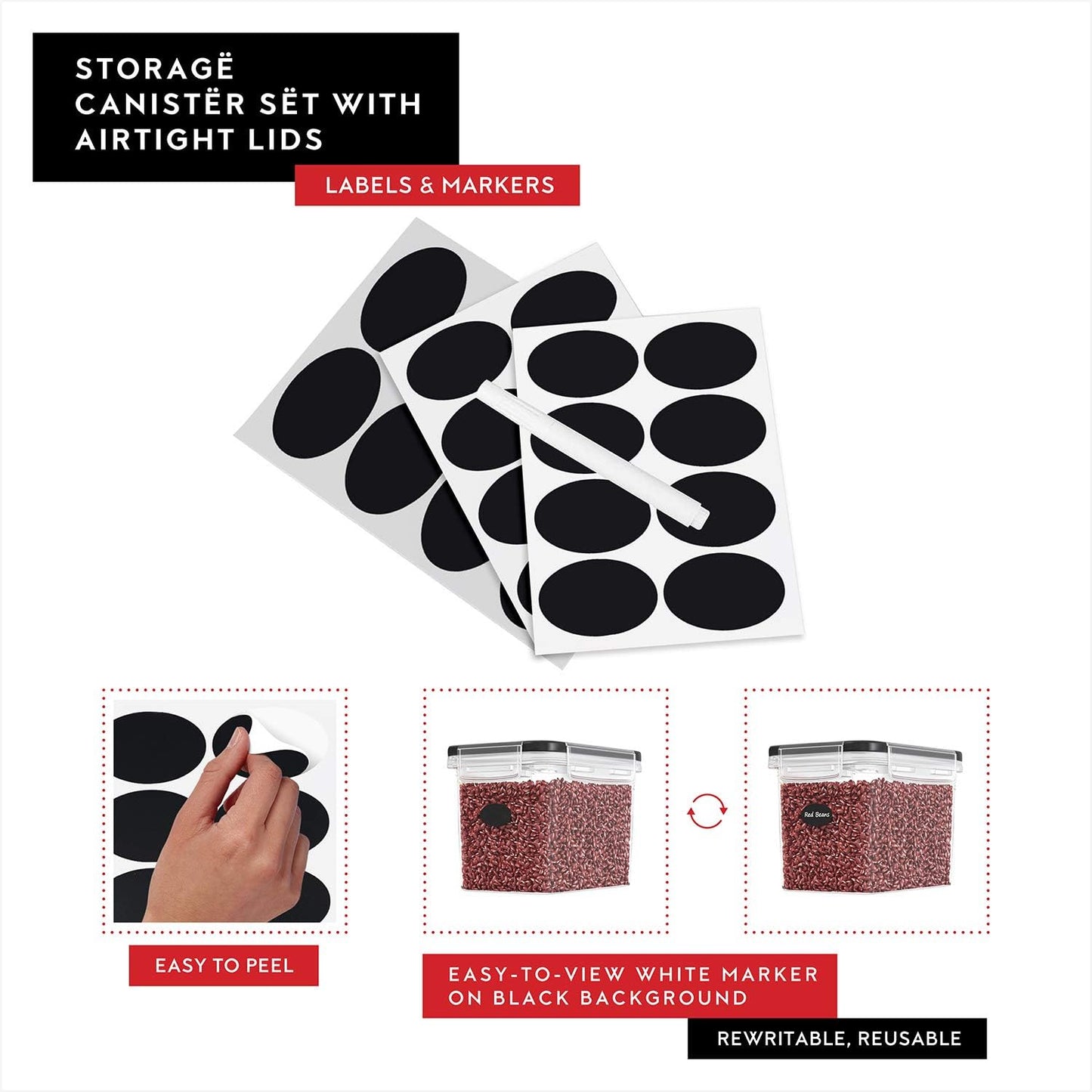 DWËLLZA KITCHEN Flour Sugar Storage Containers Set of 4; 3.6l Plastic Airtight Food Storage Containers with Lids for Kitchen Pantry Organization and Storage - Dry Food Containers, Labels & Marker