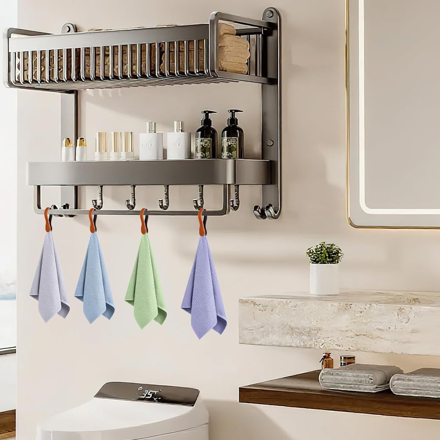 4 PCS Genuine Leather Towel Clips for Kitchen, Magnetic Hand Clips, Towel Holder with Magnet for Rods and Racks, Bathroom Accessory (Light Brown)