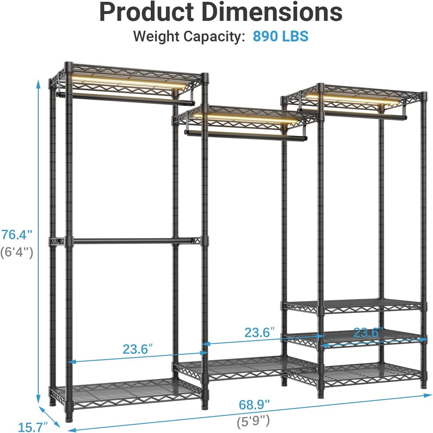 VIPEK V5L Garment Rack Heavy Duty Clothes Racks with Dimmable LED Light, 3000K Warm White, Portable Closet Wardrobe Freestanding Metal Clothing Racks for Hanging Clothes, Max Load 890lbs, Black