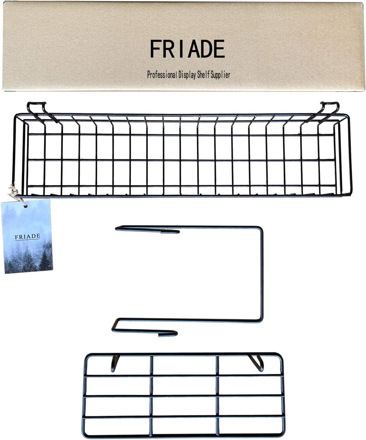 FRIADE Wall Grid Panel Hanging Basket with Hooks,Bookshelf,Display Shelf,Wall Organizer and Metal Shelving for Home Supplies,1 Set of 3 (Black)