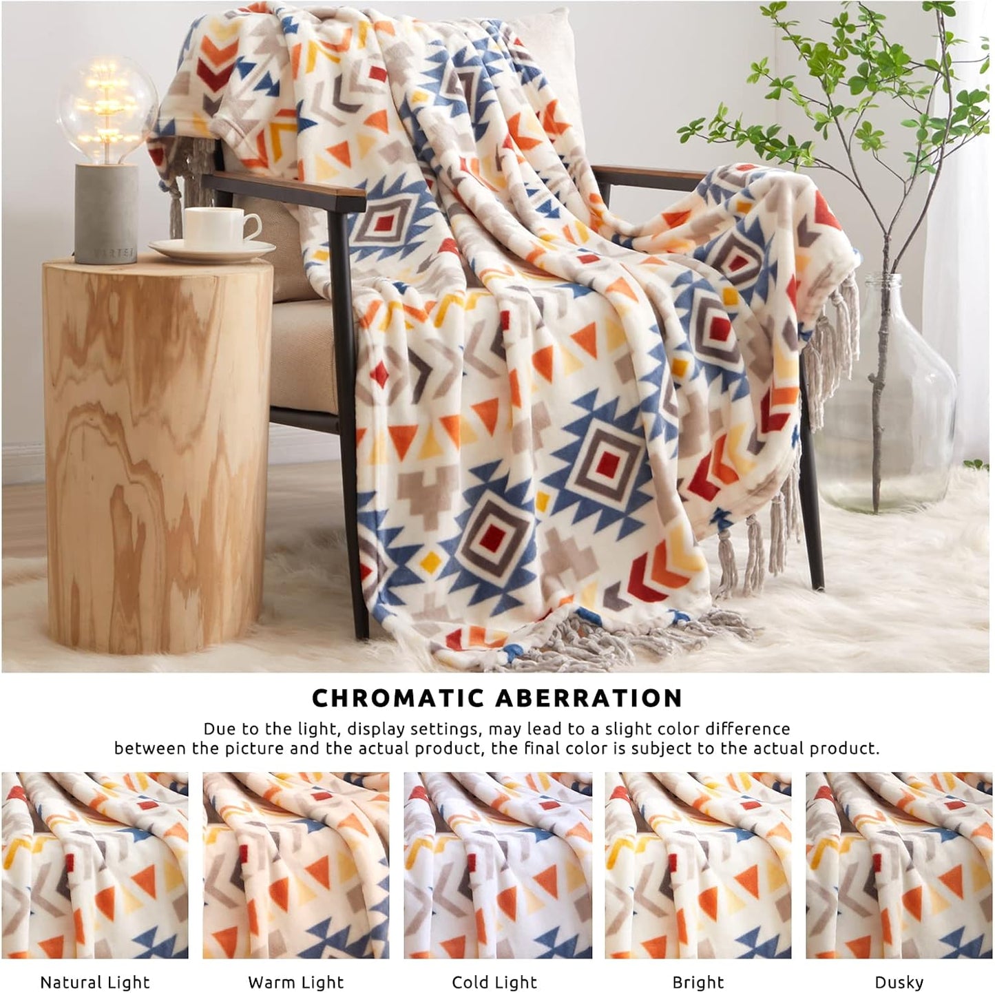 CASAAGUSTO Boho Throw Blanket - Colorful Decorative Blankets with Tassel, Printed Flannel Bohemian Blanket for Chair, Bed, Sofa, Couch(60 * 80, Colorful)