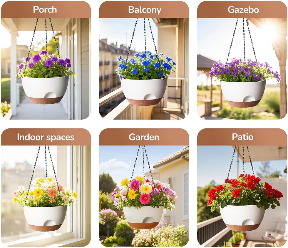 12 Inch Hanging Baskets for Plants Outdoor, Hanging Planters for Indoor Outdoor Plants, Hanging Planter with Self Watering, Hanging Flower Pots (White)