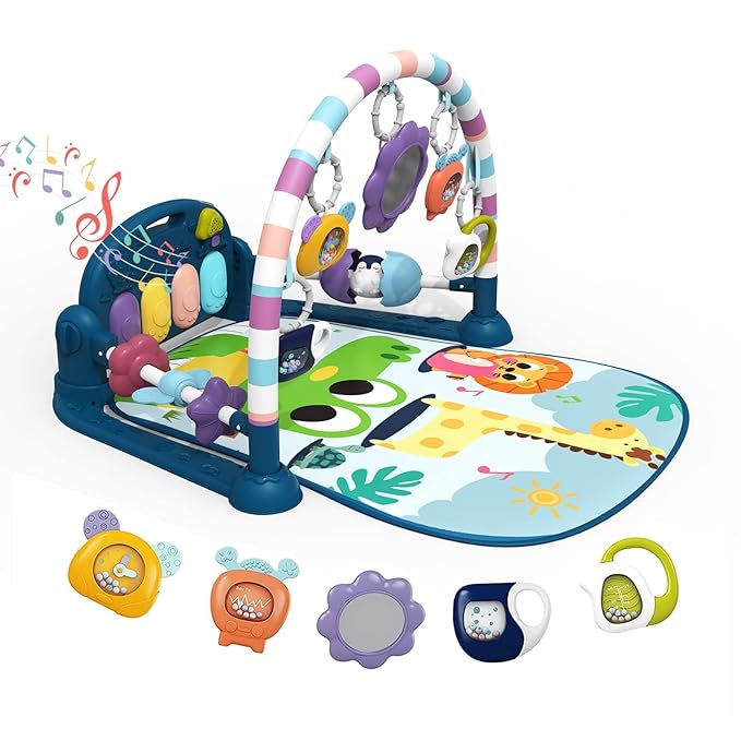 dearlomum Baby Play Mat Baby Gym,Funny Play Piano Tummy Time Baby Activity Mat with 5 Infant Sensory Baby Toys, Music and Lights Boy & Girl Gifts for Newborn Baby 0 to 3 6 9 12 Months(New Blue)