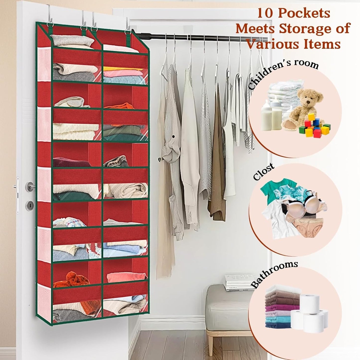 Over The Door Organizer 5 Tiers, Extra Large Behind Door Storage of 10 Compartments, 80 lbs Weight Capacity Hanging Storage Organizer with Clear Window Kids Toys,Shoes,Diapers,Room Storage, Red