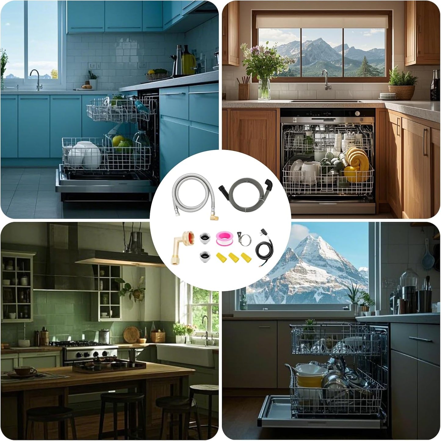 Solimeta Universal Dishwasher Installation Kit – 6ft Stainless Steel Inlet Hose + 6ft Drain Hose with Power Cord & Accessories