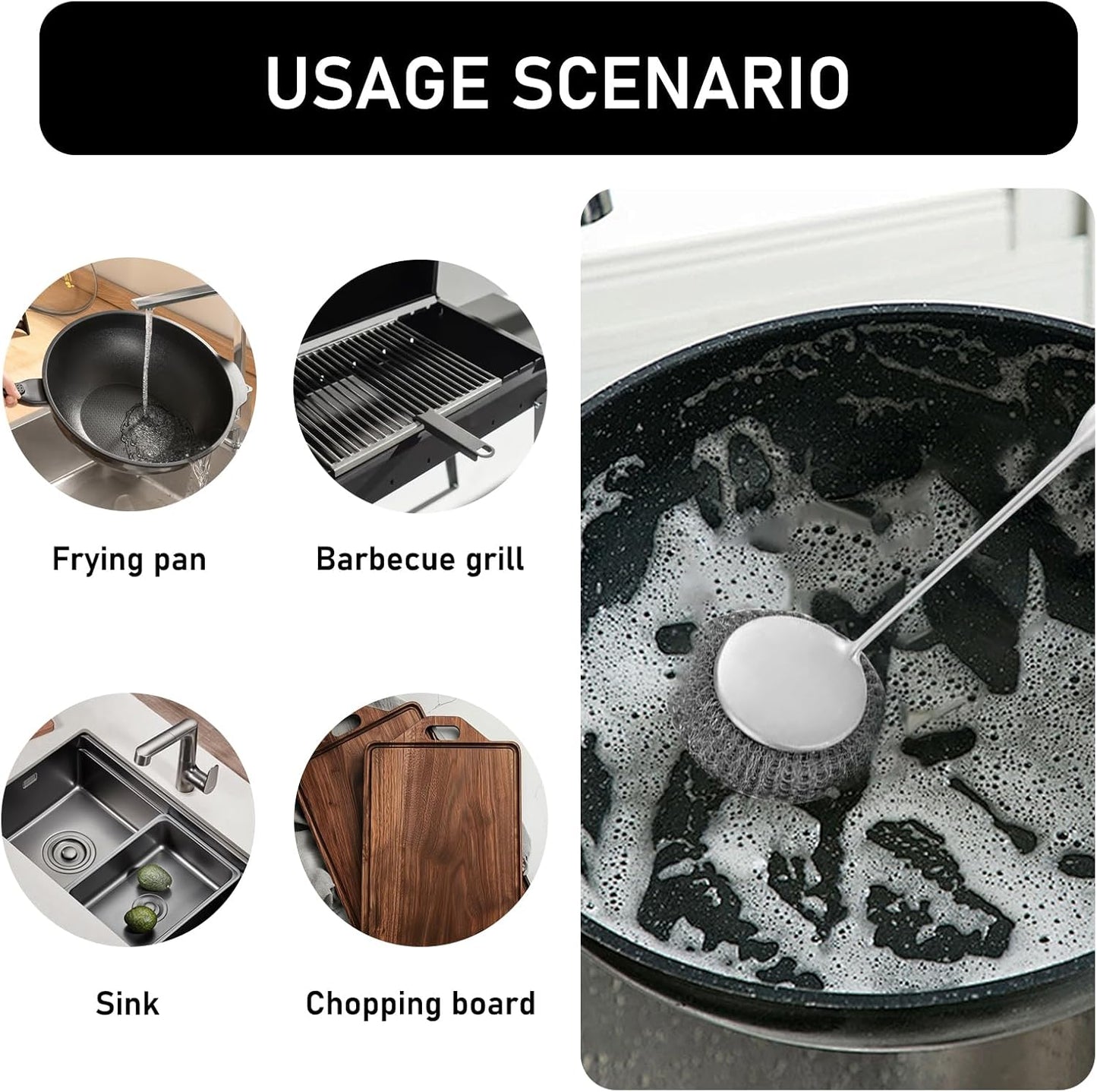 Stainless Steel Wool Metal Wire Scrubber Sponge Scouring Pads Brush Set with Handle for Cleaning Dishes,Pots and Pans,Kitchen Cast Iron,Stoves, Sink,Cooking Tools,Silver(9pcs)