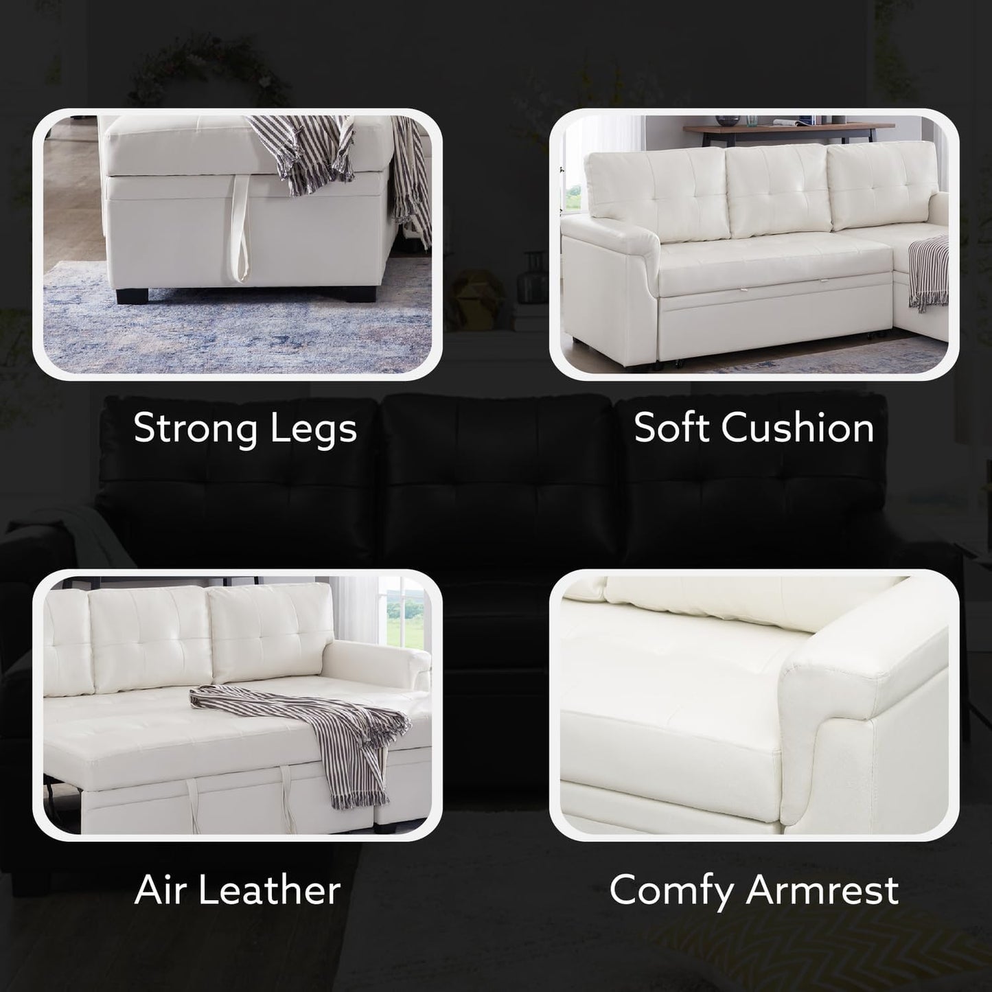 Naomi Home Transform Any Space: Sleeper Sectional Sofa with Convertible Sofa Bed & Inviting Chaise. Find Tranquil Comfort with Stress-Relieving Design & Durable Cushions - White/Air Leather