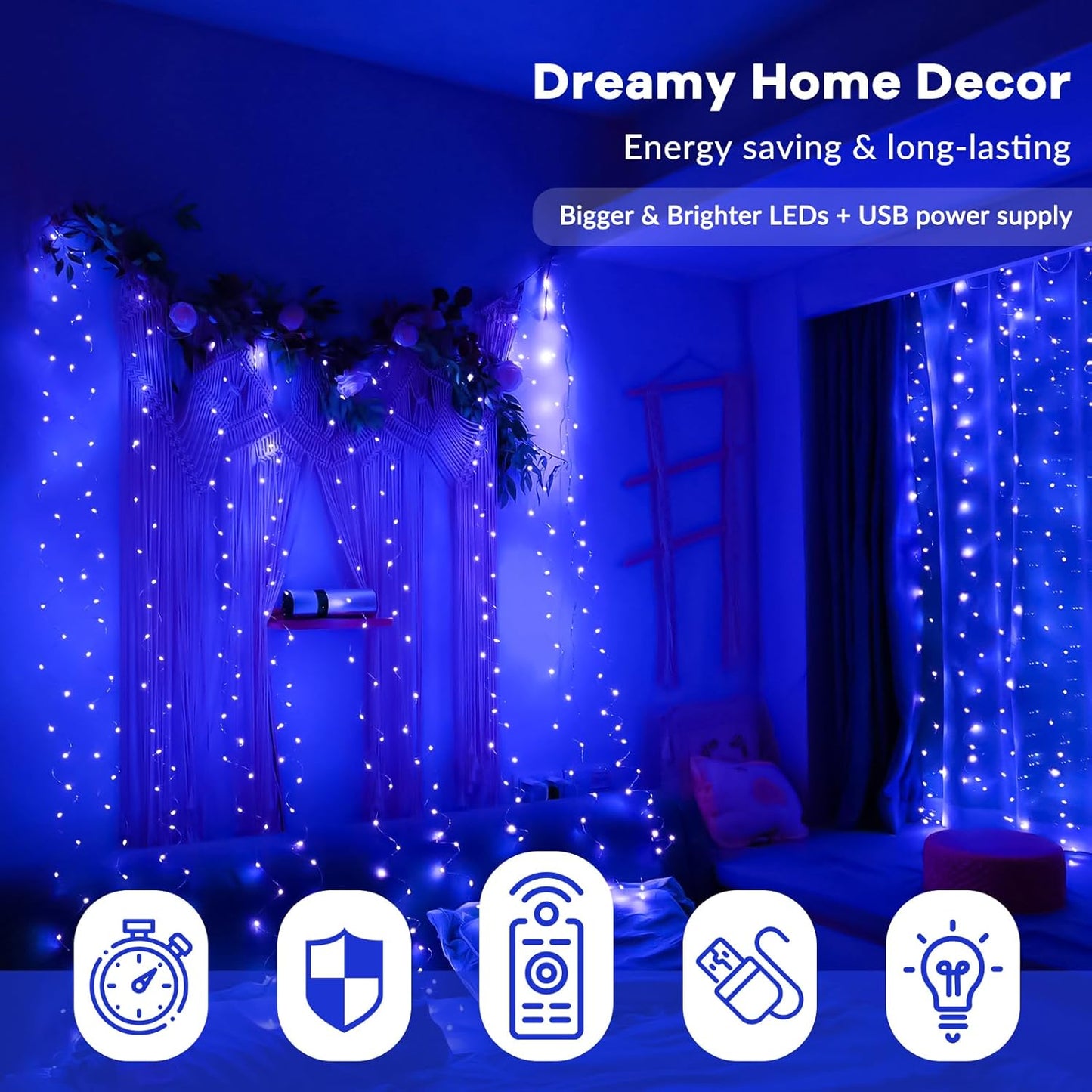 HXWEIYE 300LED Blue Fairy Curtain Lights with Remote 8 Modes Timer for Bedroom, 9.8x9.8Ft USB Plug in Christmas Fairy Hanging String Lights for Outdoor, Weddings, Party, Garden, Wall, Decorations