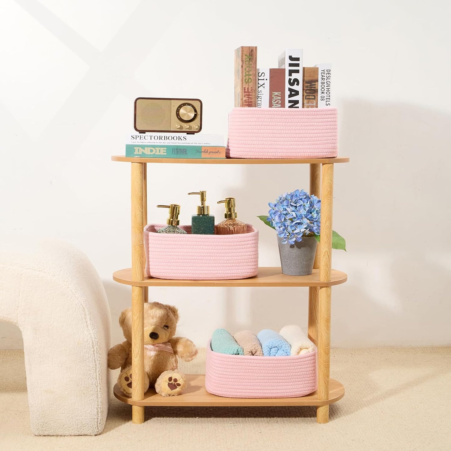 Small Storage Baskets for Organizing | Closet Organizer Bins | Shelf Toy Basket | Woven Rope Baskets | Cube Decorative Box | Shallow Basket | 11.5x7.5x4.7” | 3 Packs Light Pink