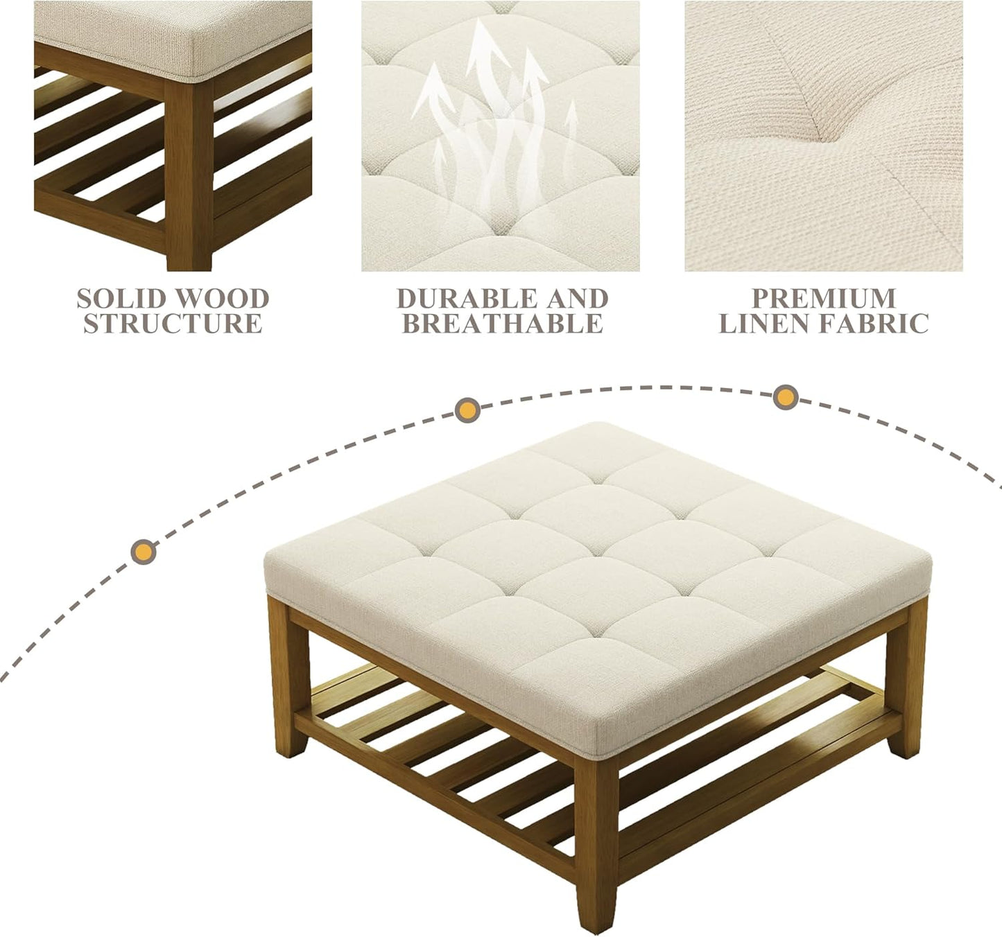 Large Square Ottoman Coffee Table, Linen Solid Upholstered Footrest Ottoman with Solid Wood Shelf Storage Tufted Coffee Table for Bedroom Living Room, Ivory
