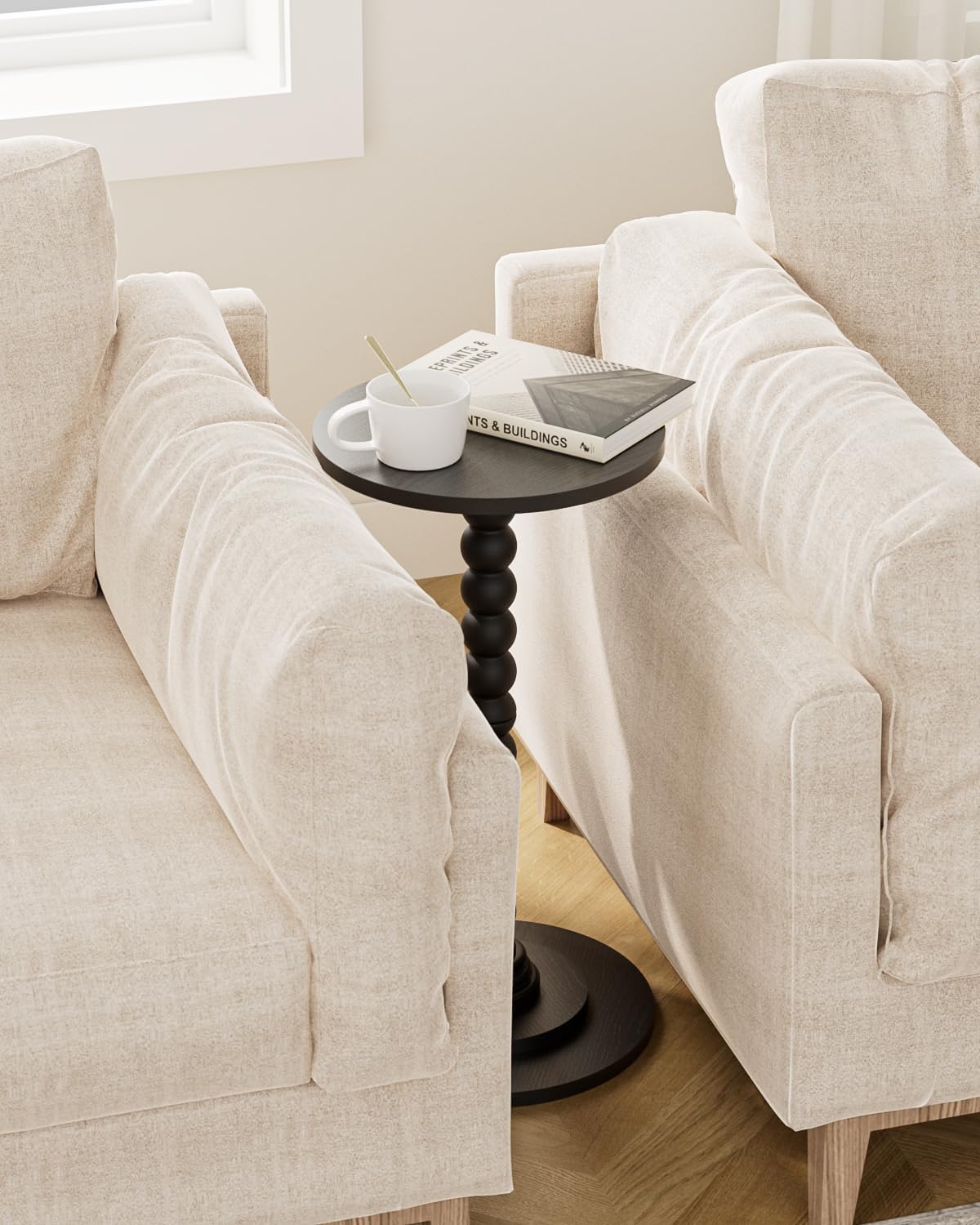 Masupu Round Side Table, Small End Table for Small Spaces, Pedestal Drink Table with Solid Wood Leg for Living Room, Bedroom, Corners(Black)