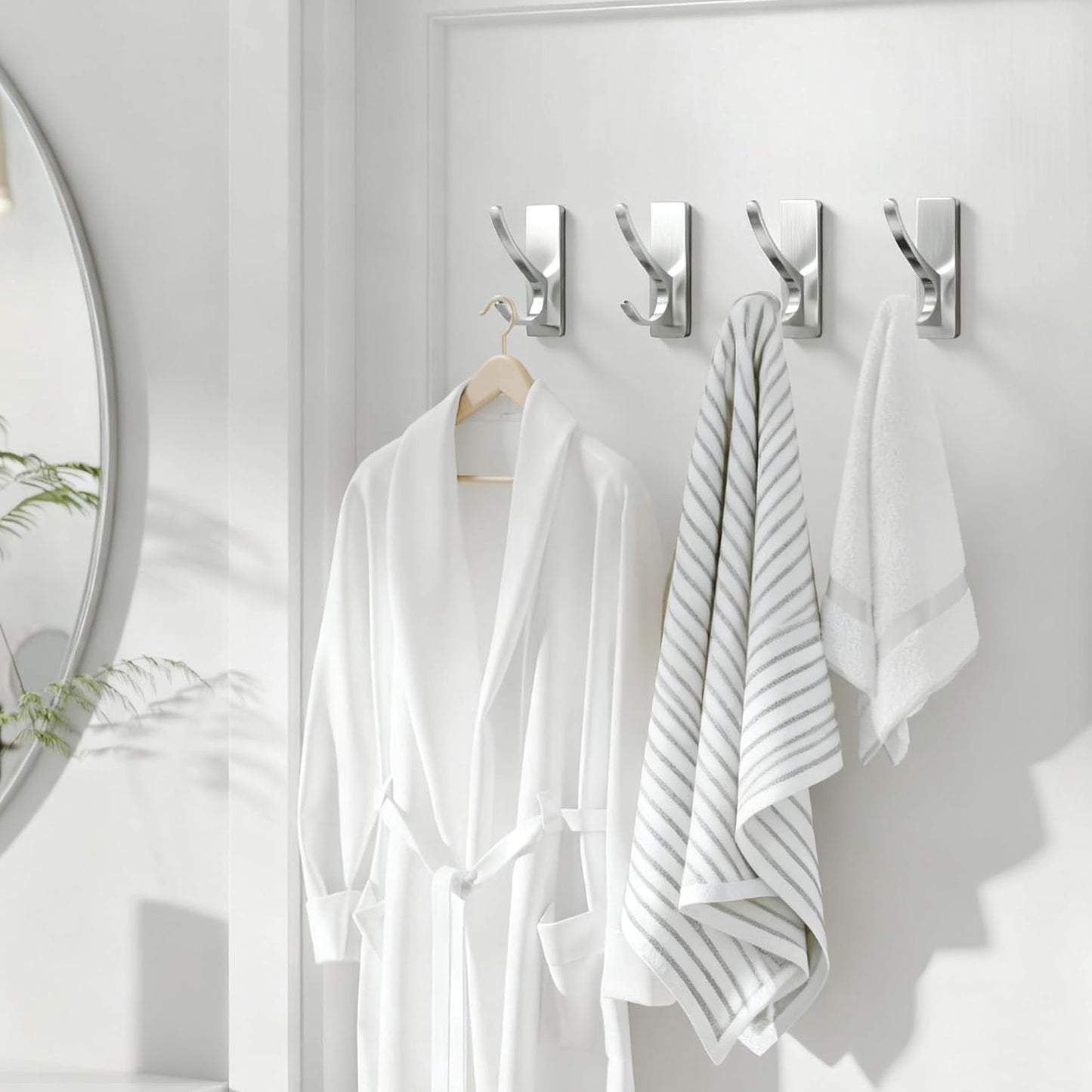 Self Adhesive Coat Hooks for Hanging: Heavy Duty Stainless Wall Hook for Towel, Backpack, Hat, Sturdy Metal Hanger for Bathroom, Bedroom, Door, Brushed Nickel 10 Pack