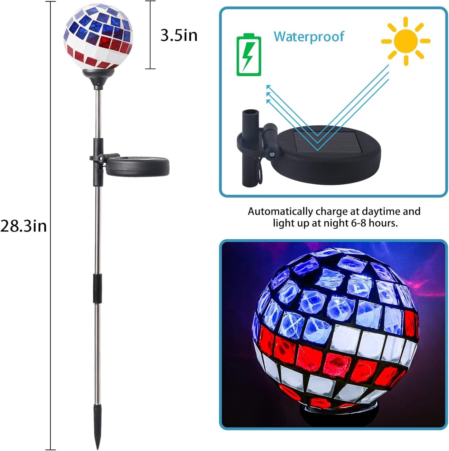 WNP Solar Powered Outdoor Garden Light Stakes Decoration, Mosaic Globe 4th of July Stake Solar Light for Patio Pathway Yard Decor, Waterproof Solar Glow Glass Ball Lights