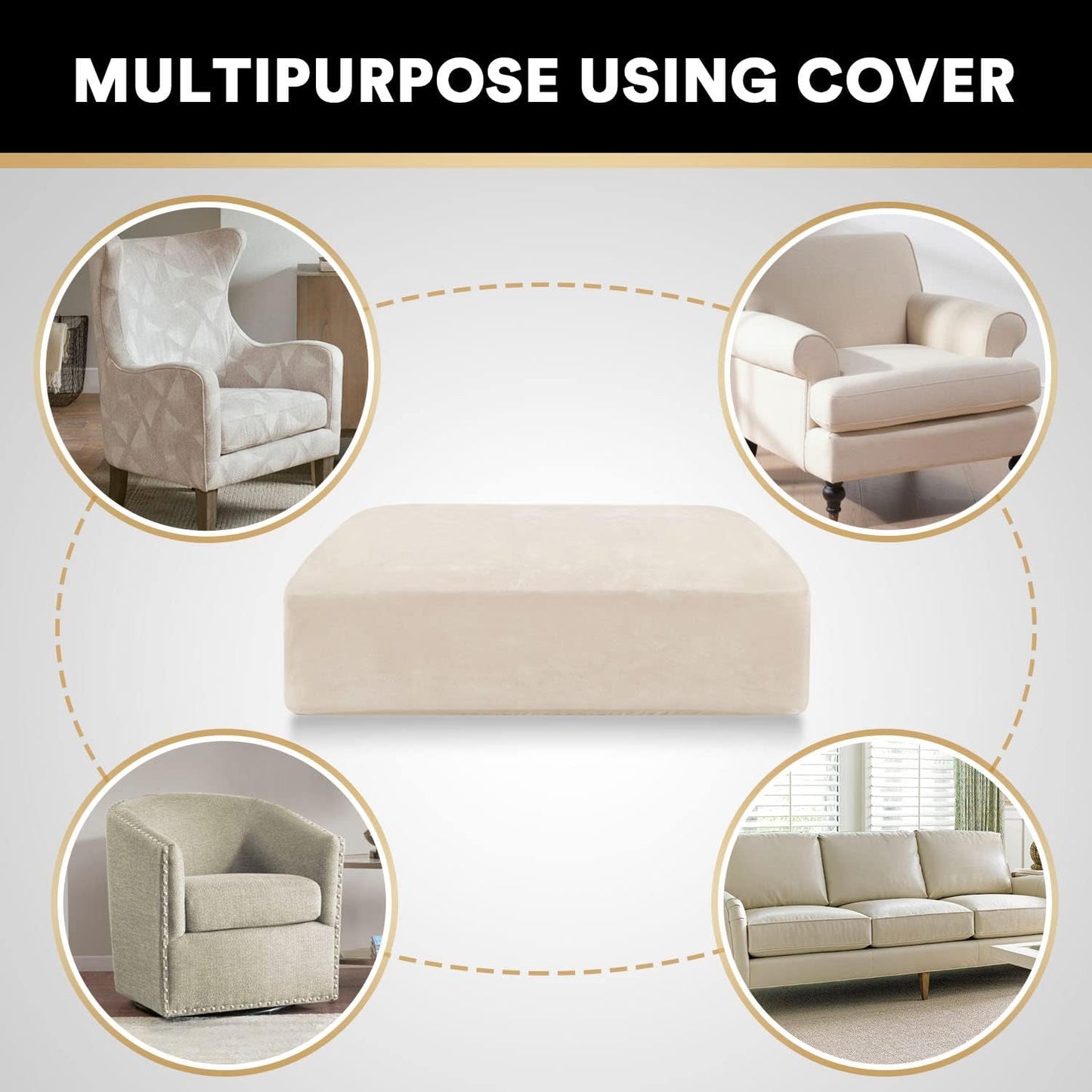 PrinceDeco Stretch Velvet Couch Cushion Cover,Soft Fitted Cushion Slipcover for Chair Cushion Furniture Protector Seat Cushion Sofa Cover Width Up to 29.5", Ivory