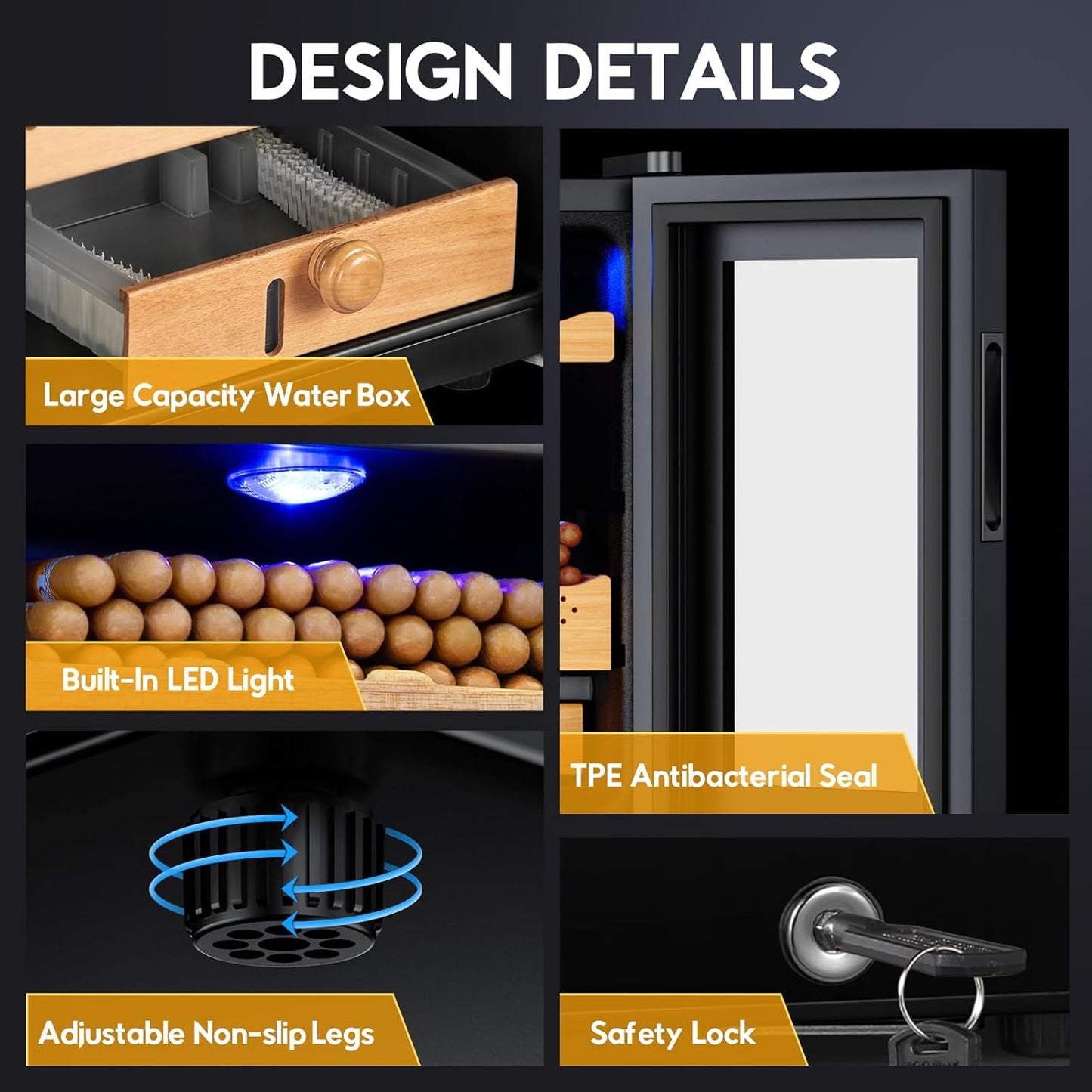 Tylza Cigar Humidor Cabinet 35L, Temp & Humidity Control Electric Humidors for Cigars, 260 Cigars, Digital Hygrometer, Safety Lock, Cigar Humidors with Cedar Wood Drawer Shelves, Cigar Gifts for Men