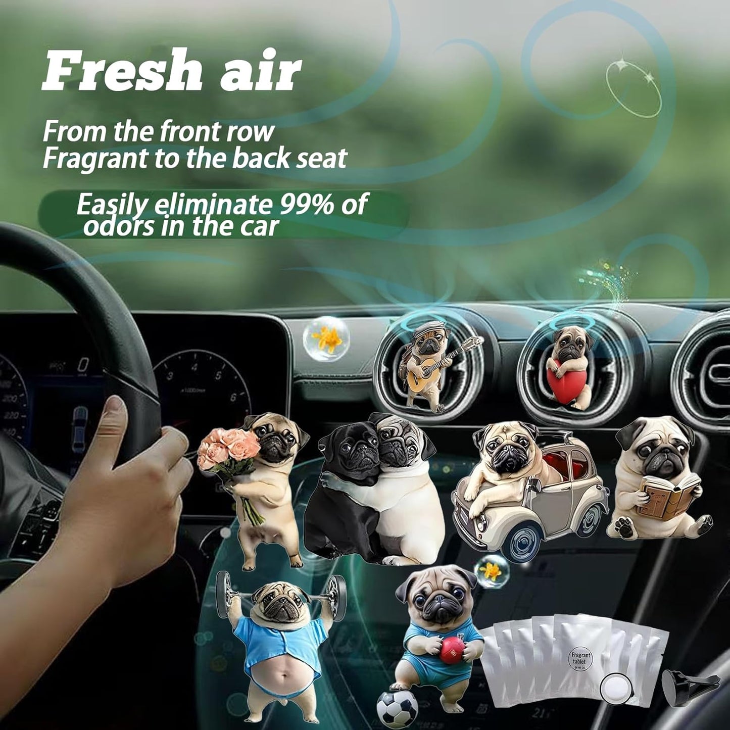 8PCS cute Pug acrylic car vent diffuser, 2D prank Havana cigar car diffuser, cute car freshener, fun and fashionable interior accessories, air outlet clip decoration