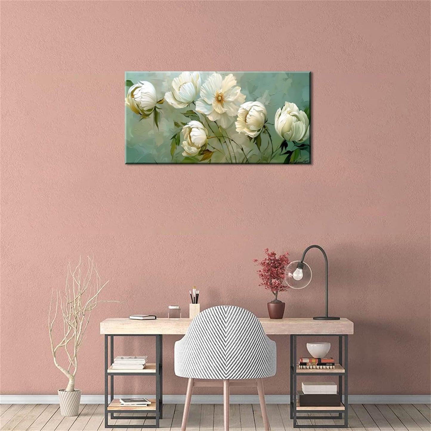 LASMOND Blooming White Flowers Plants Wall Art Decor Artwork for Bedroom (20x40 Inches)