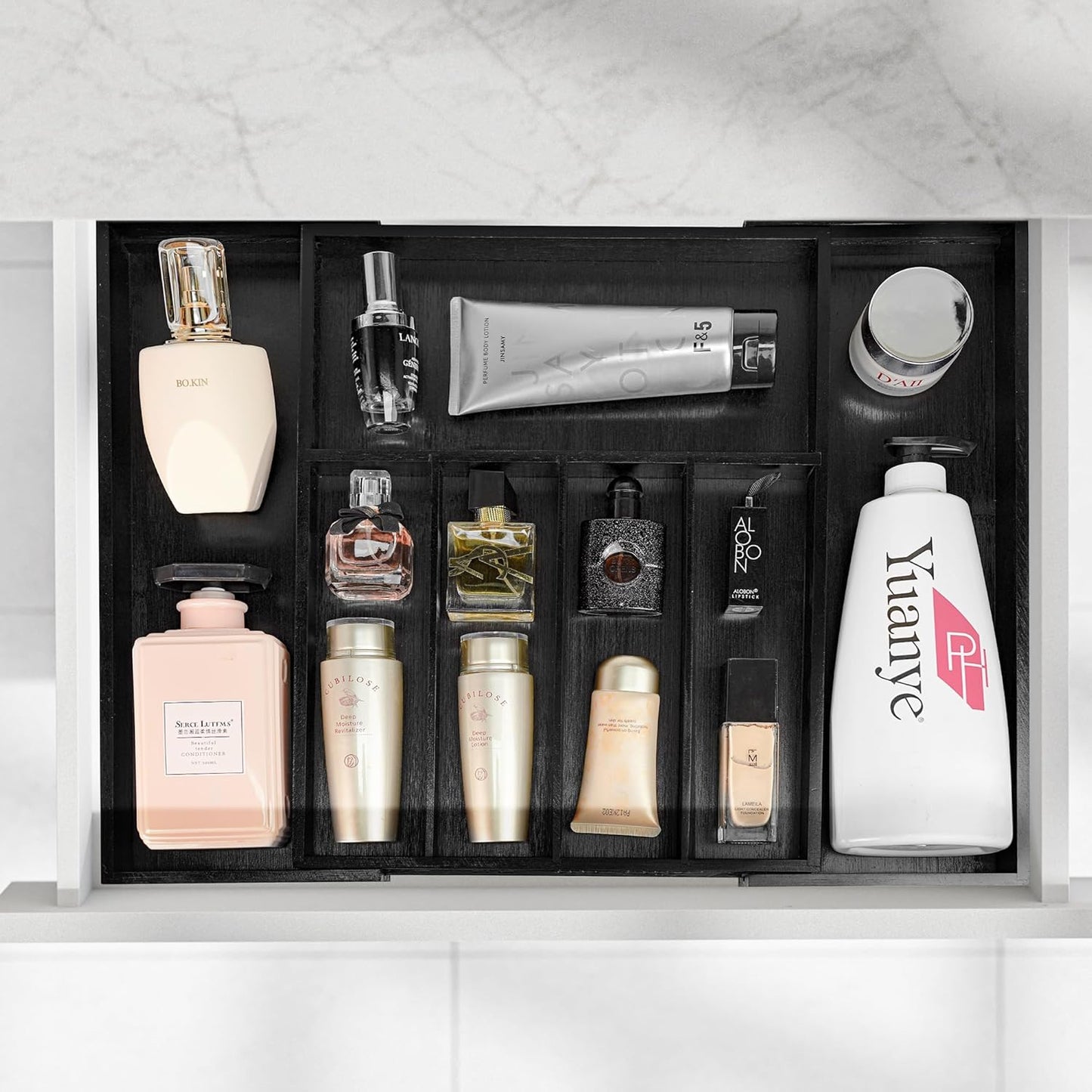 VaeFae Premium Bamboo Drawer Organizer, Expandable Silverware Drawer Organizer, Cutlery Tray with Dividers for Kitchen Utensils (Black, Large)