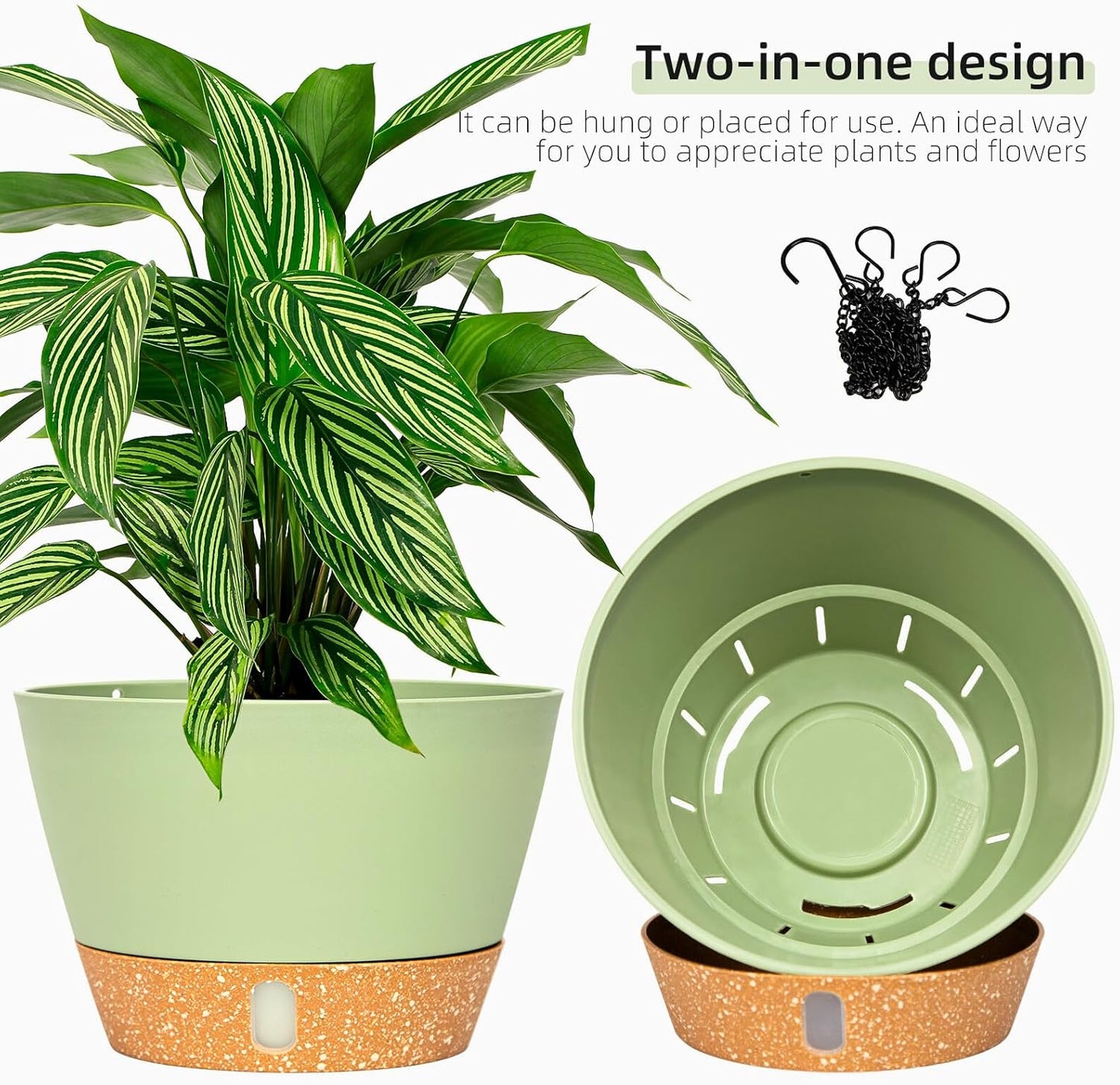 QCQHDU 2 Pack Hanging Planters for Indoor Outdoor Plants, 10 Inch Hanging Baskets Flower Pots with Reservoir Tray & Visible Water-Level