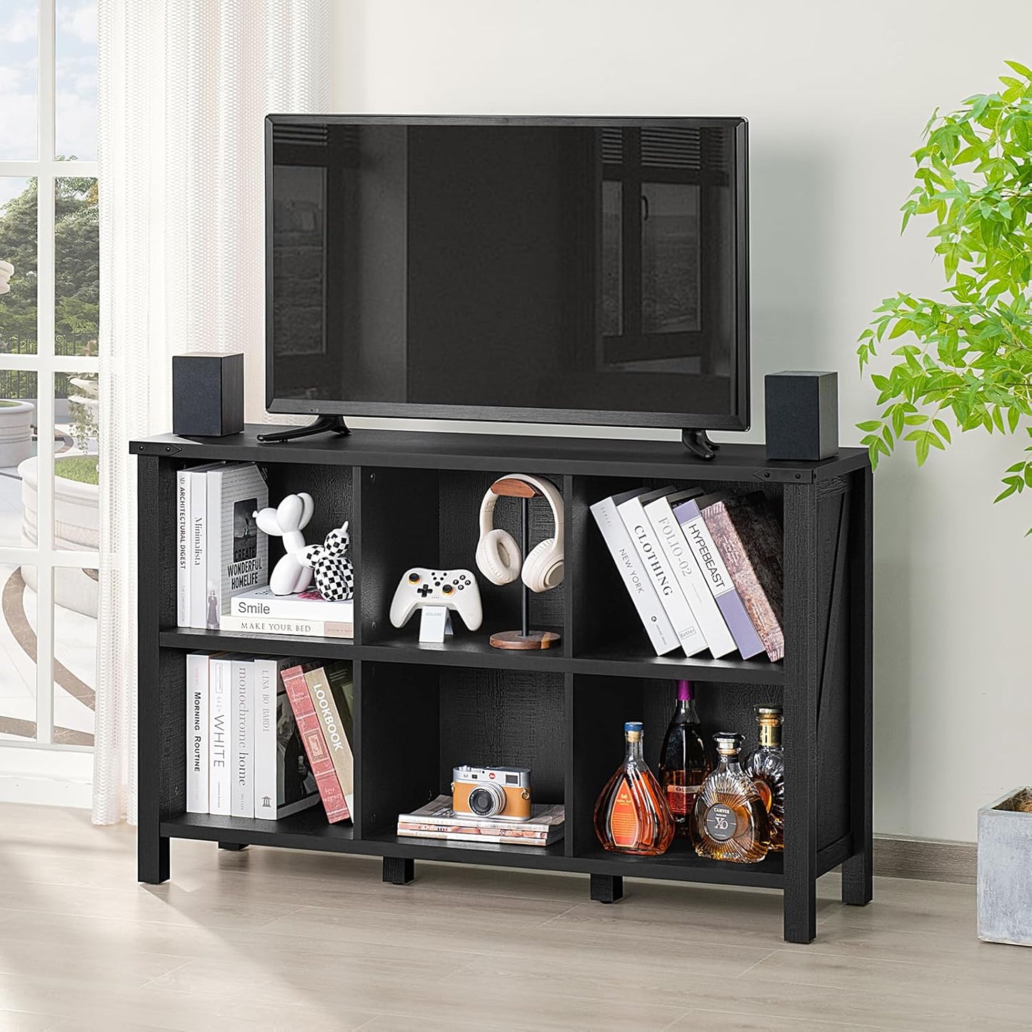 6 Cube Bookcase, Farmhouse Wood Low Storage Organizer Book Shelf, Black 47" Horizontal Console Bookshelf with Legs, Hallway Book Case for Entryway, Display Cabinet for Living Room, Office