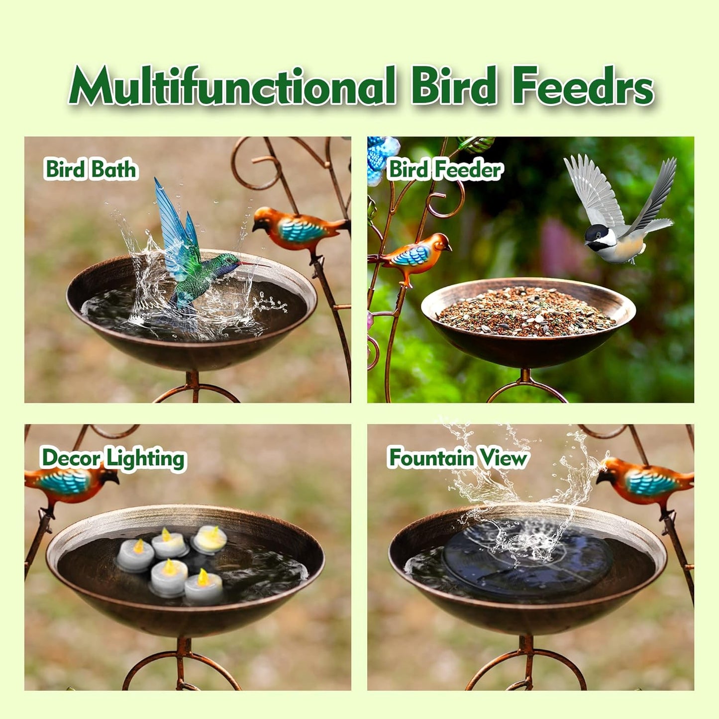 57" Height Metal Bird Bath with Trellis for Outdoor, Vintage Decorative Bird Baths, Small Garden Plant Support, Antique BirdBath for Climbing Plants with Detachable Iron Bowl (Hummingbird)