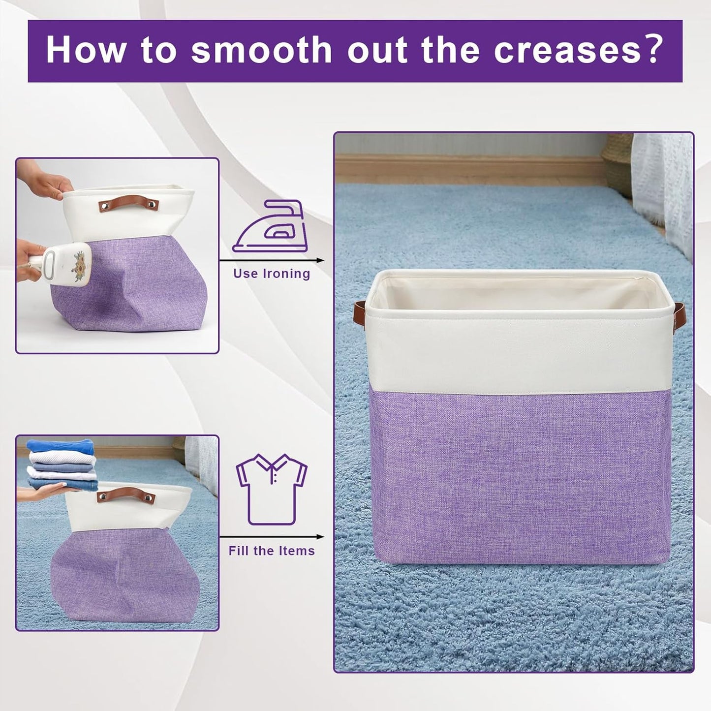 Large Fabric Storage Baskets | 50L Storage Bins, Decorative Linen Closet Baskets with Handles for Organizing, Shelf, Toys, Clothes, Home, Office, Nursery, 17x12x15Inches (Purple&White)