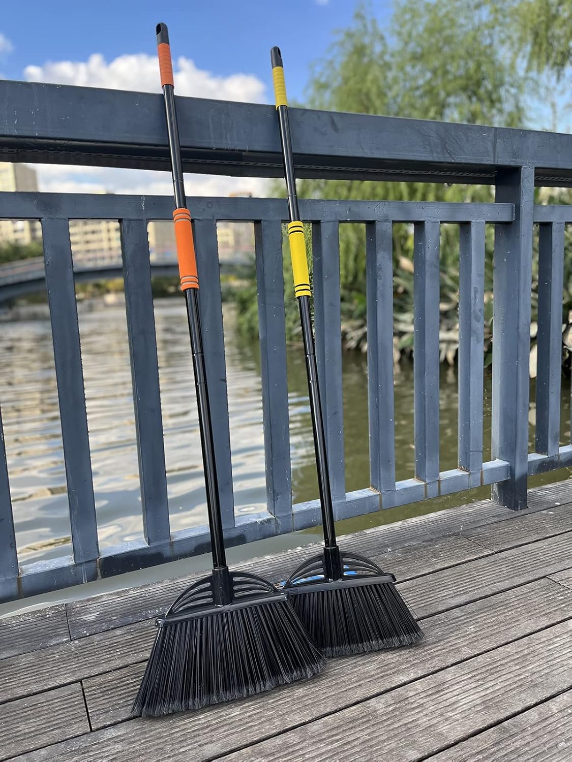 Four-Section Rod Long-Handled Broom,Heavy-Duty Broom, Angle Broom for Outdoor/Indoor(Black+Orange)