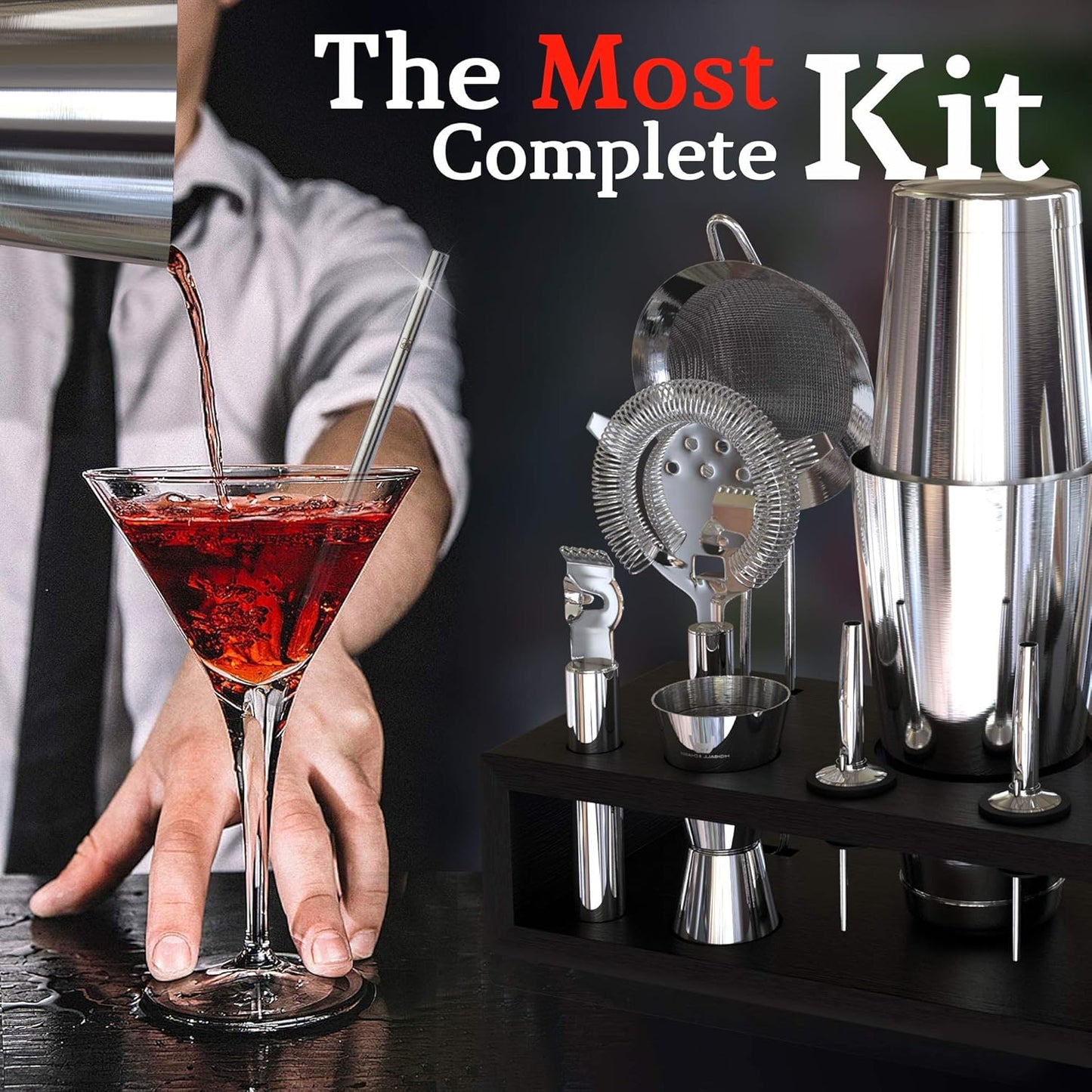 Highball & Chaser 13-Piece Boston Cocktail Shaker Set Stainless Steel Mixology Bartender Kit With Stand For Home Bar Cocktail Set | Laser Engraved Cocktail Tools | Plus E-Book with 30 Cocktail Recipes