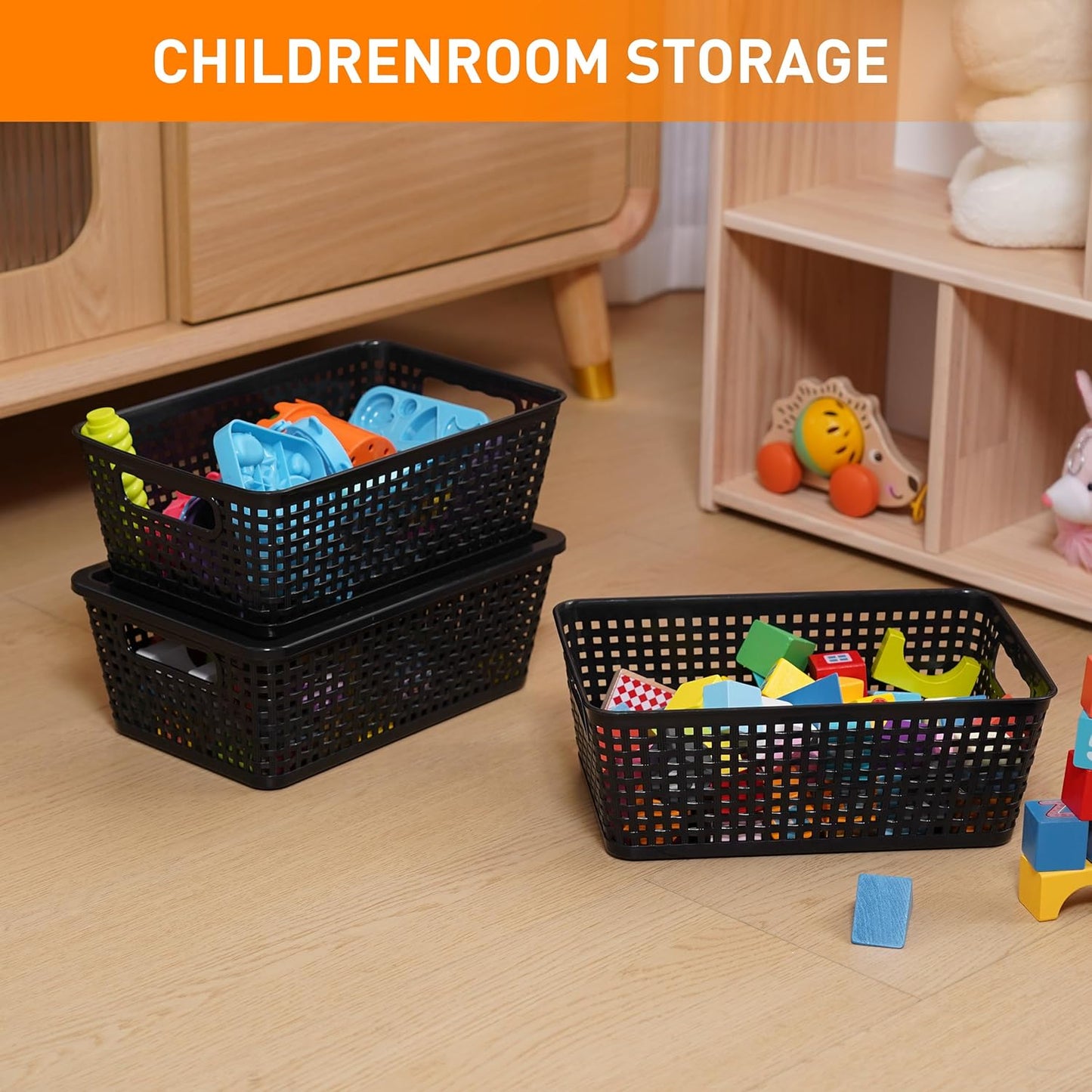 Plastic Storage Baskets With Lid, Storage Bins for Organizing, Stackable Decorative Containers for Shelves Drawers Desktop Closet Playroom Classroom Office, 6 Pack-Black