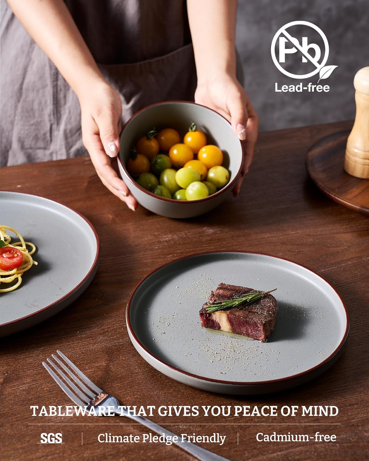 Famiware Mercury Plates and Bowls Sets, 18 Pieces Stoneware Dinnerware Sets, Dishes Set for 6, Microwave and Dishwasher Safe, Dark Grey