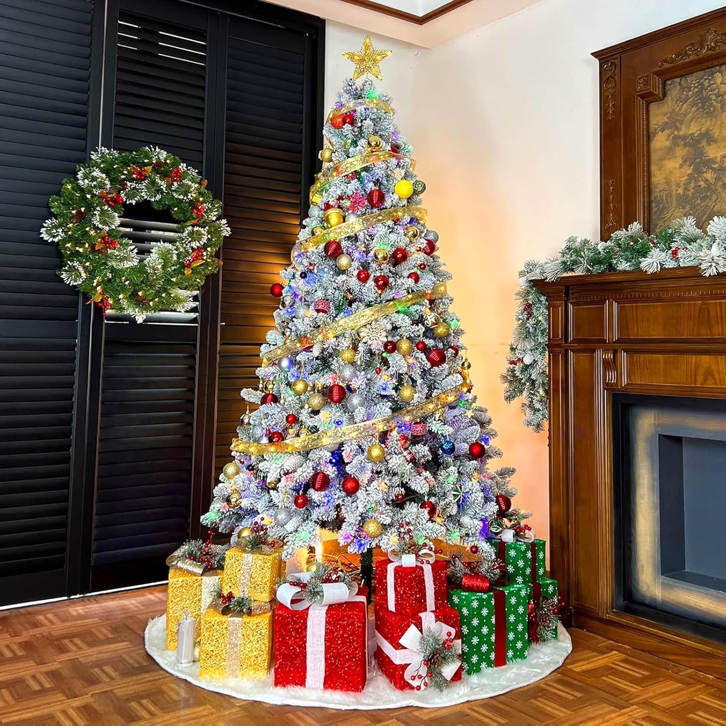 7.5ft Lighted Snow Flocked Christmas Tree, 450 Multicolor LED Lights, Artificial Christmas Tree with 1446 Branch Tips, Metal Stand & Hinged Branches for Decoration, 10 Modes