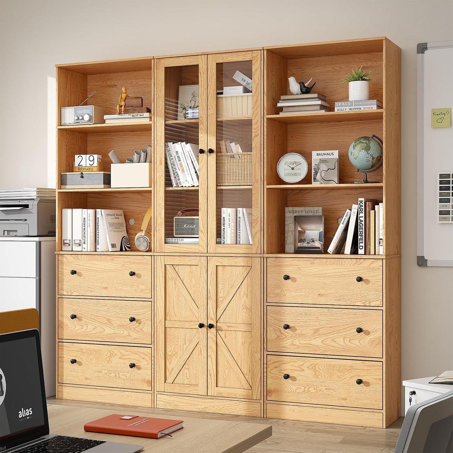 71" Tall Bookshelves Set of 3, 2 Bookcases with Drawers & 1 Bookshelf with Doors, Wooden Bookshelves Floor Standing Display Storage Shelves Home Decor Furniture for Home Office, Living Room