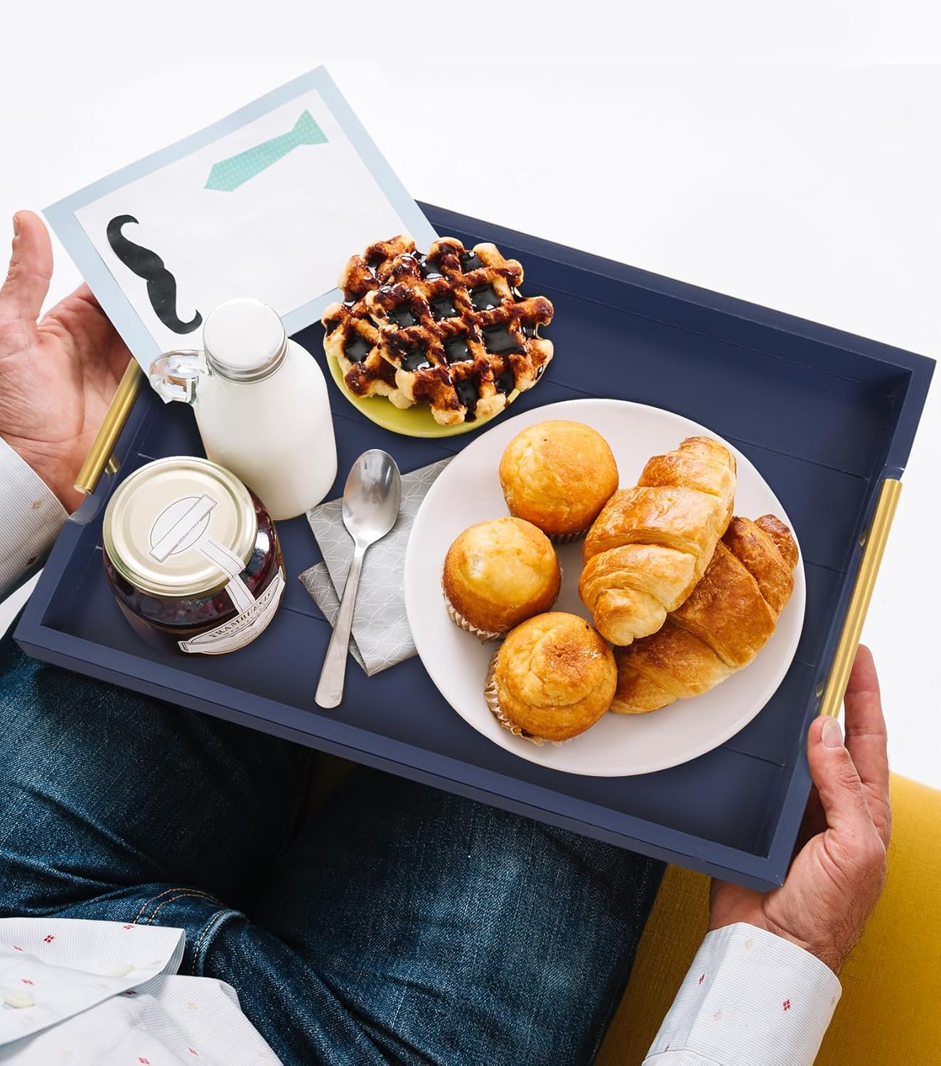 Coffee Table Tray - Large Ottoman Tray for Living Room - Wood Serving Tray with Handles(2 Sets) - Wooden Trays for Coffee Tables, 4 Round Coasters Included, Deep Blue