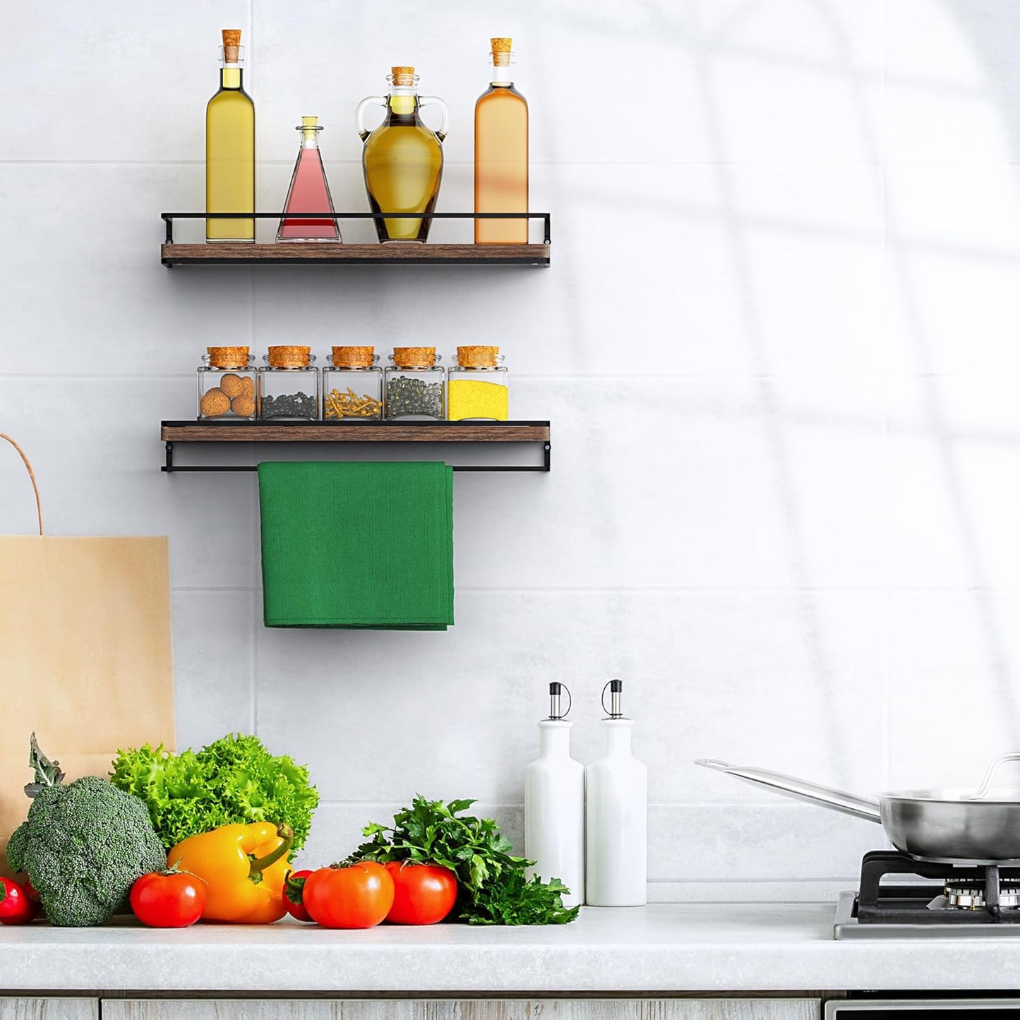 Meangood Floating Shelves Wall Mounted Set of 2, Wall Shelf with Towel Bar Rustic Wood Wall Storage Shelves for Bedroom,Living Room,Bathroom, Kitchen Rustic Brown