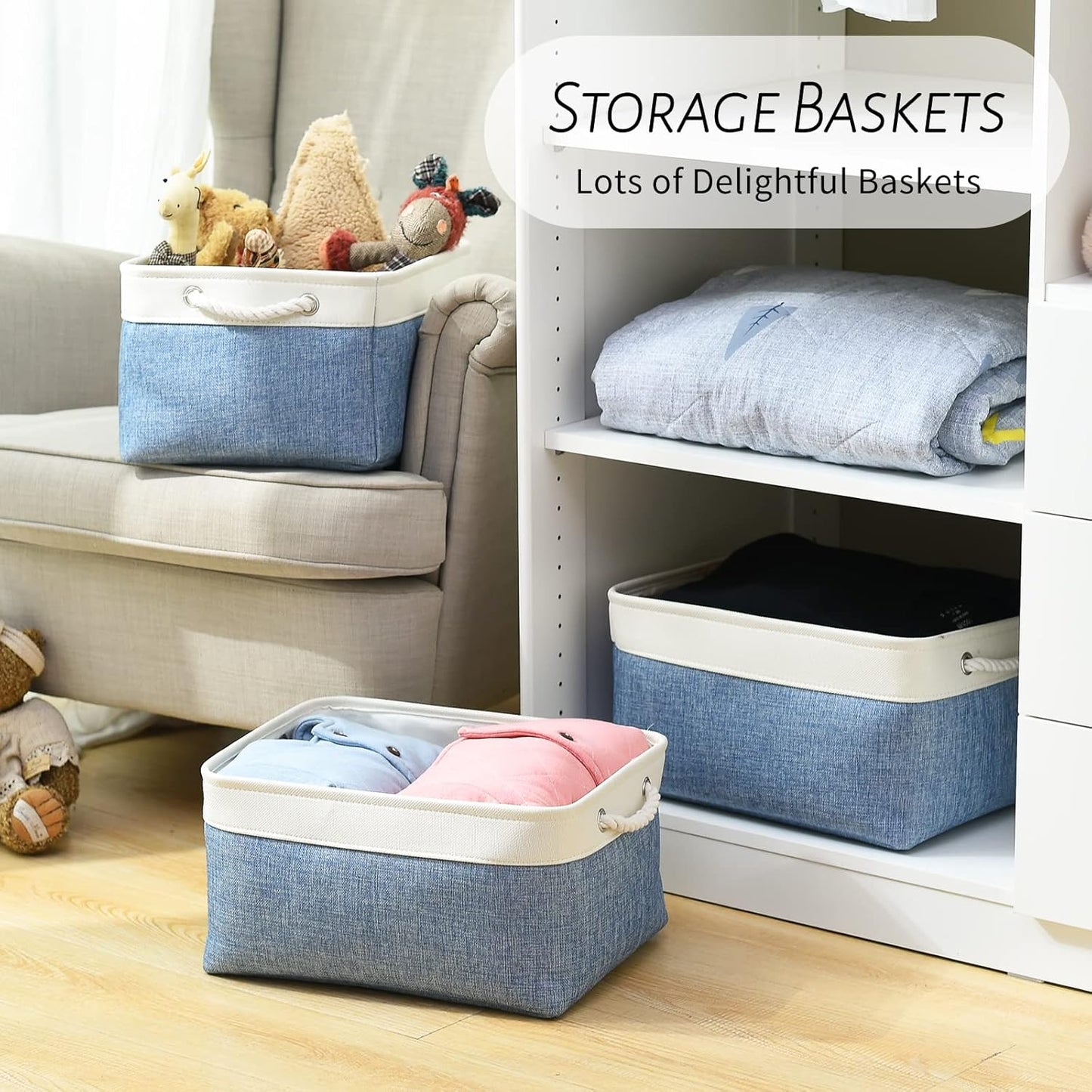 TcaFmac Storage Basket for Organizing - Large 4 Pack Fabric Storage Bins Baskets for Shelves with Ropes, Foldable Storage Cubes for Closet Cloth Toy (White & Blue16x12x8 inch)
