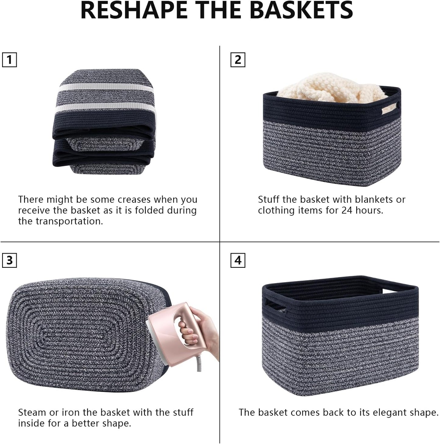 4 Pack Storage Baskets for Organizing, Woven Baskets for Shelves - Perfect for Toys, Books, Towels, and Clothes, Durable Gift Basket Bins Toy Storage, 13''L x9''W x7.8''H, Blue and Grey