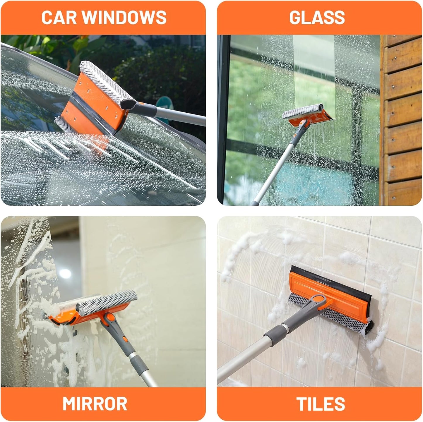 eazer Professional Window Squeegee, 2-in-1 Rotatable Squeegee for Window Cleaning Kit, Window Cleaner Tool, Window Washing Equipment Kit with Extension Pole (20''-30'') for Shower/Windshield