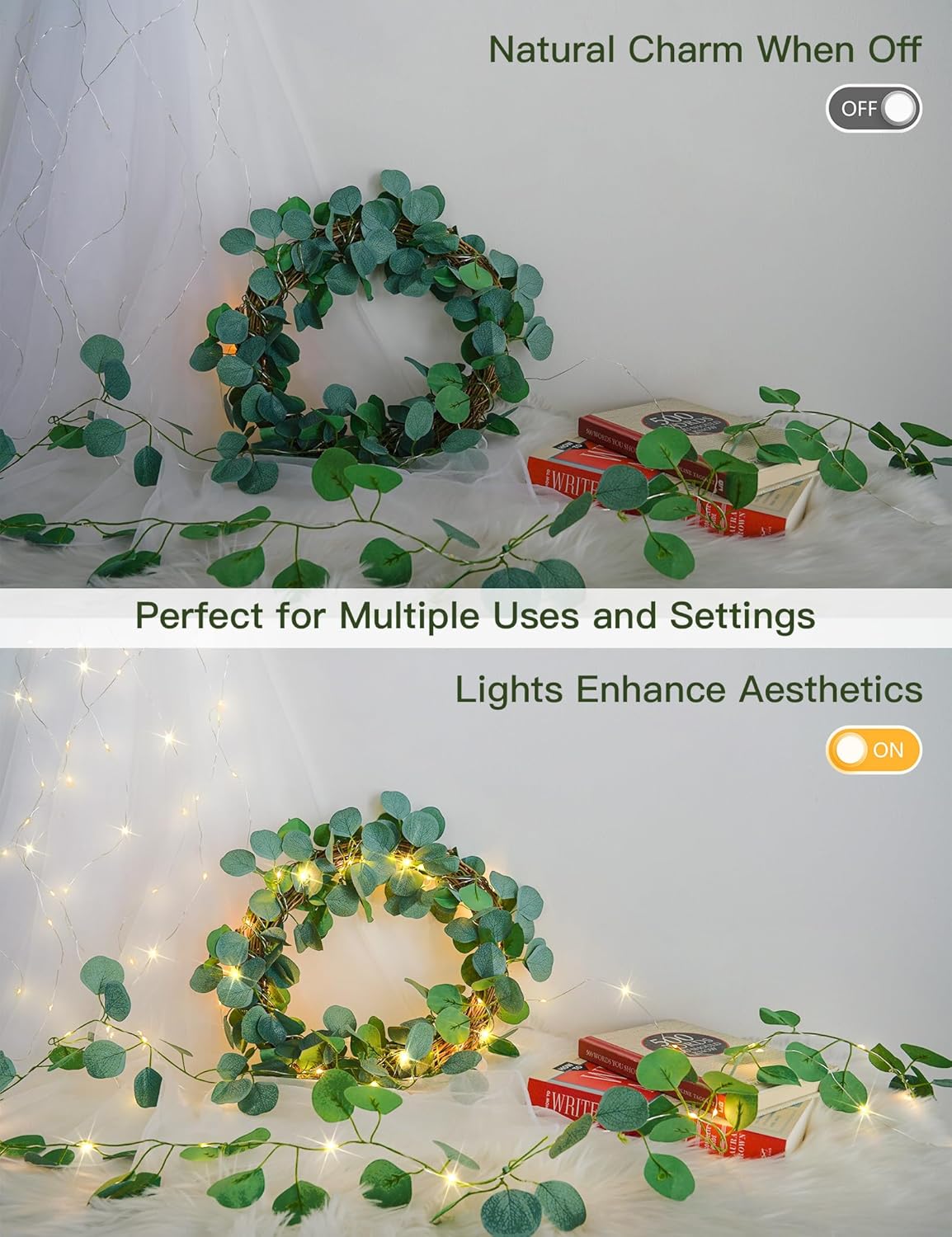 suddus Vines with Lights Battery Operated, 33ft 100 LED Eucalyptus Garland String Lights with Remote, Leaf Lights for Bedroom, Room, Wall, Garden, Party, Wedding Decor (Warm White)