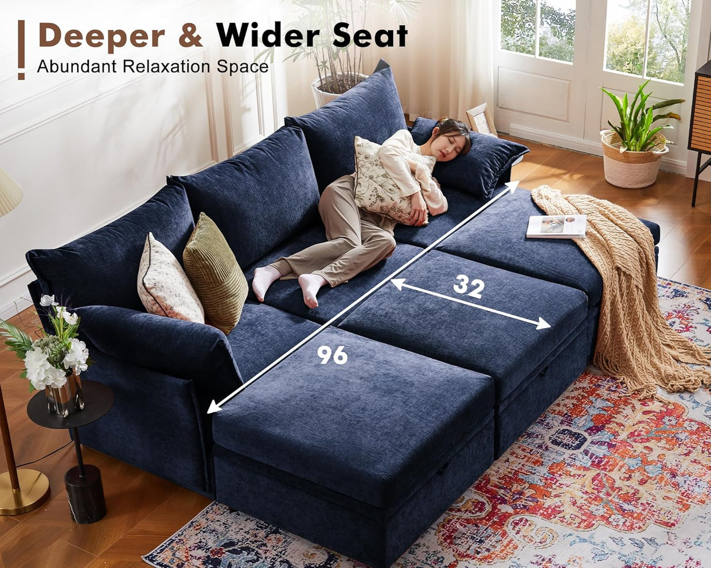 136.4" Oversized Modular Sectional Sofa, U Shaped Convertible Couch with Movable Ottoman, Large 7 Seat Corner Couches for Living Room Deep Seat Blue Chenille