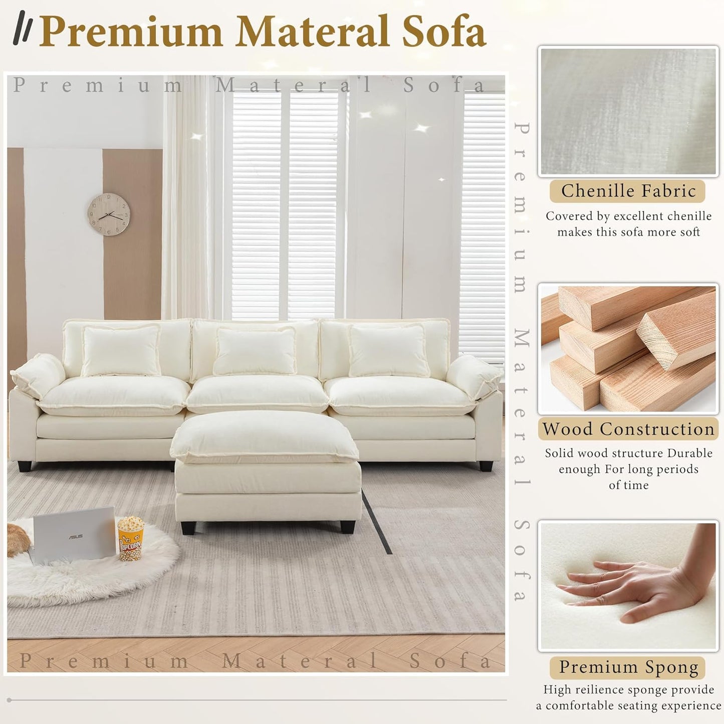 URRED Modular Sectional Sofa Comfy Cloud Couch, Modern Chenille Sofa Sleeper Deep Seat Couches with Ottoman/Pillows for Living Room (White, 117''- L Shape)