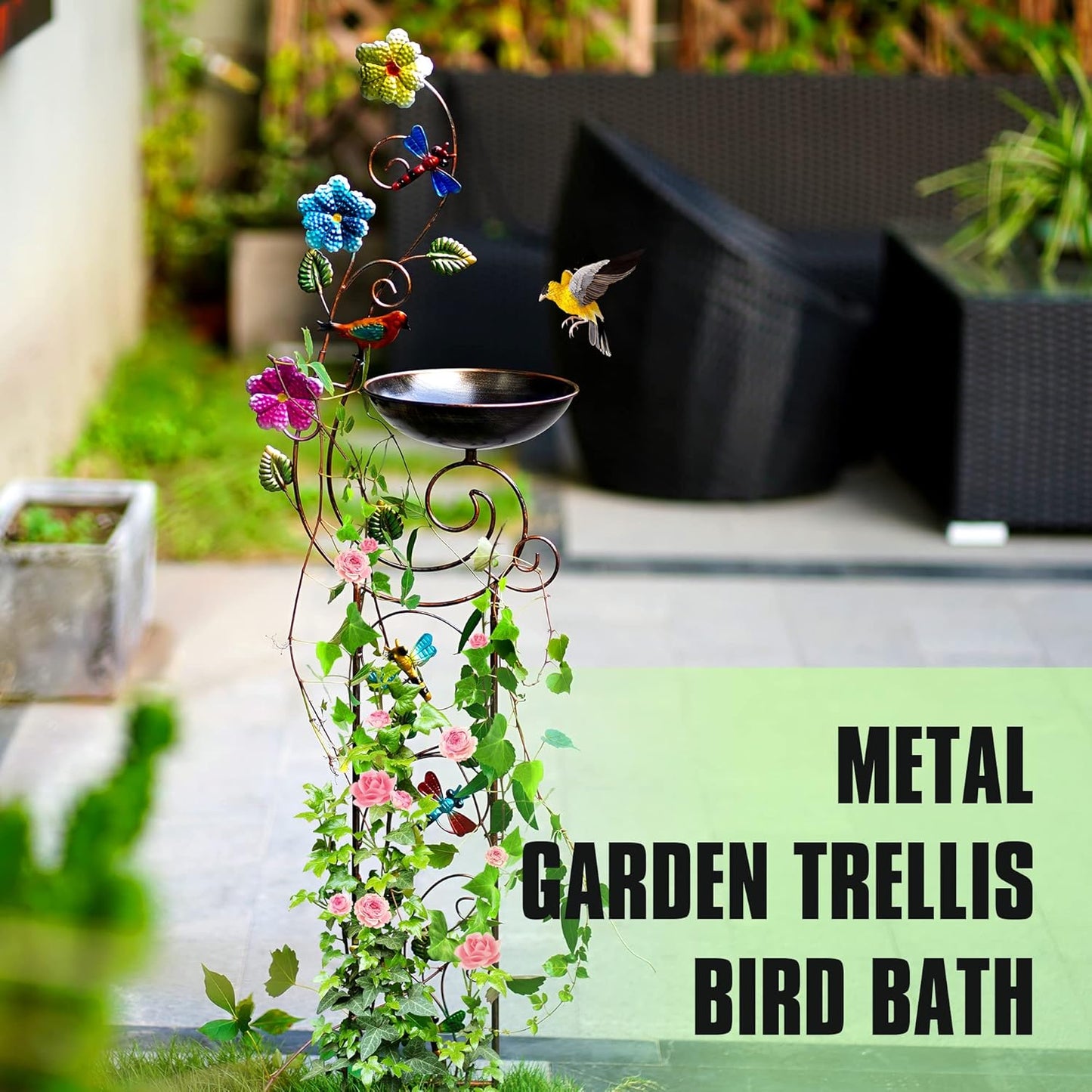 57" Height Metal Bird Bath with Trellis for Outdoor, Vintage Decorative Bird Baths, Small Garden Plant Support, Antique BirdBath for Climbing Plants with Detachable Iron Bowl (Dragonfly)